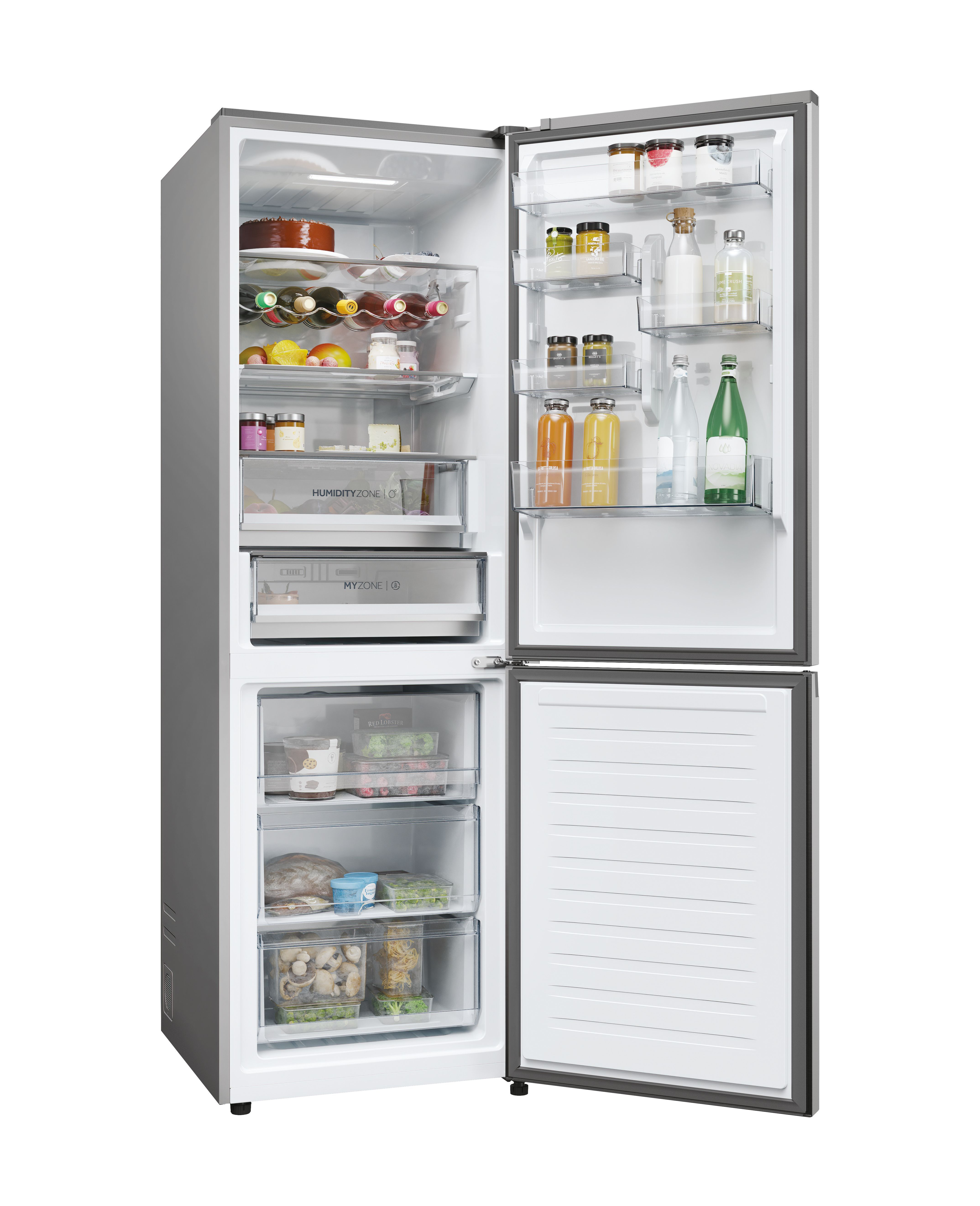Interior del refrigerador con puertas abiertas. Se ven estantes, cajones y compartimentos. Exterior gris.