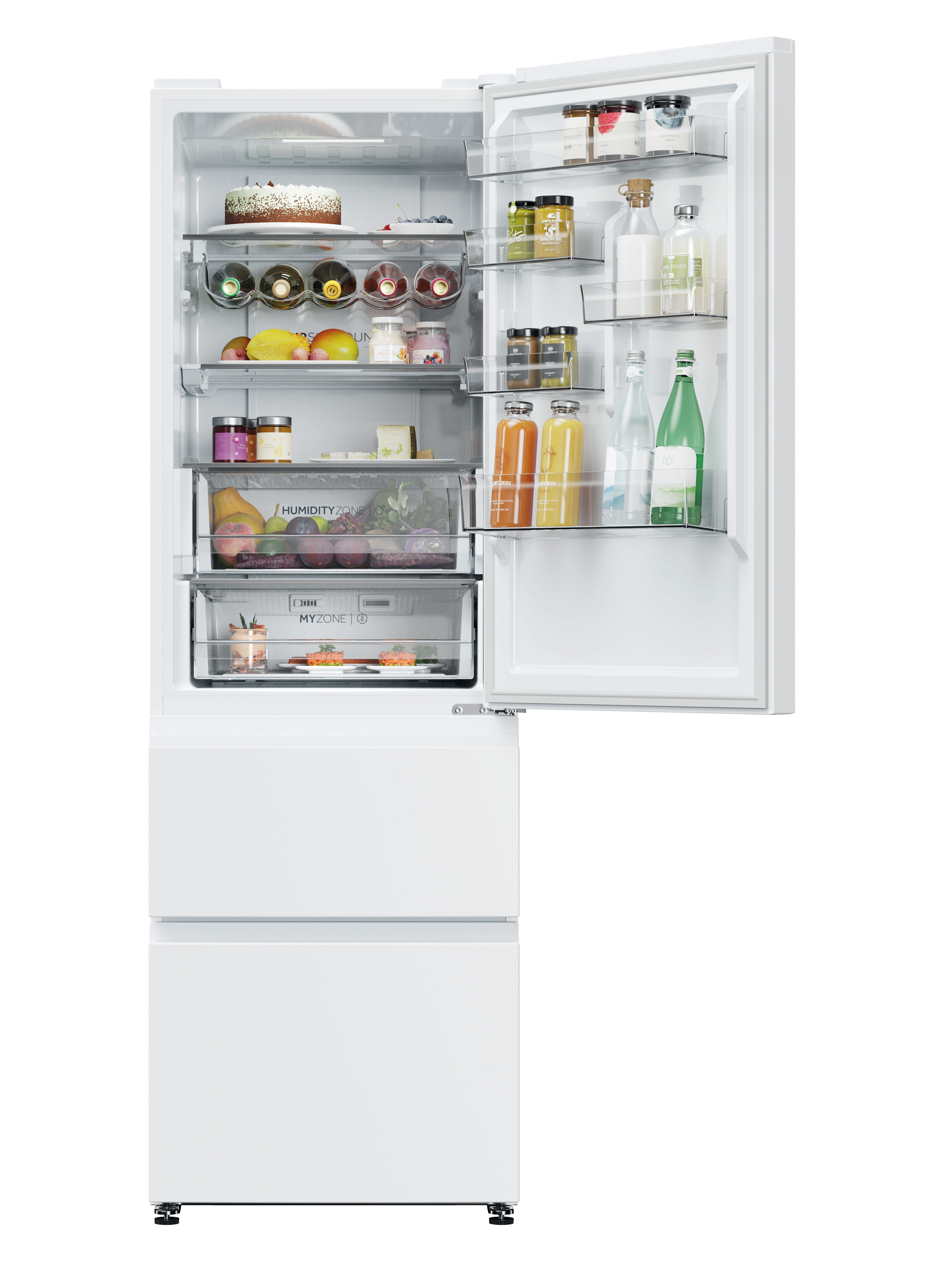 Biała lodówka z otwartymi drzwiami, wypełniona produktami spożywczymi. Zawiera szuflady, półki i białe wnętrze.