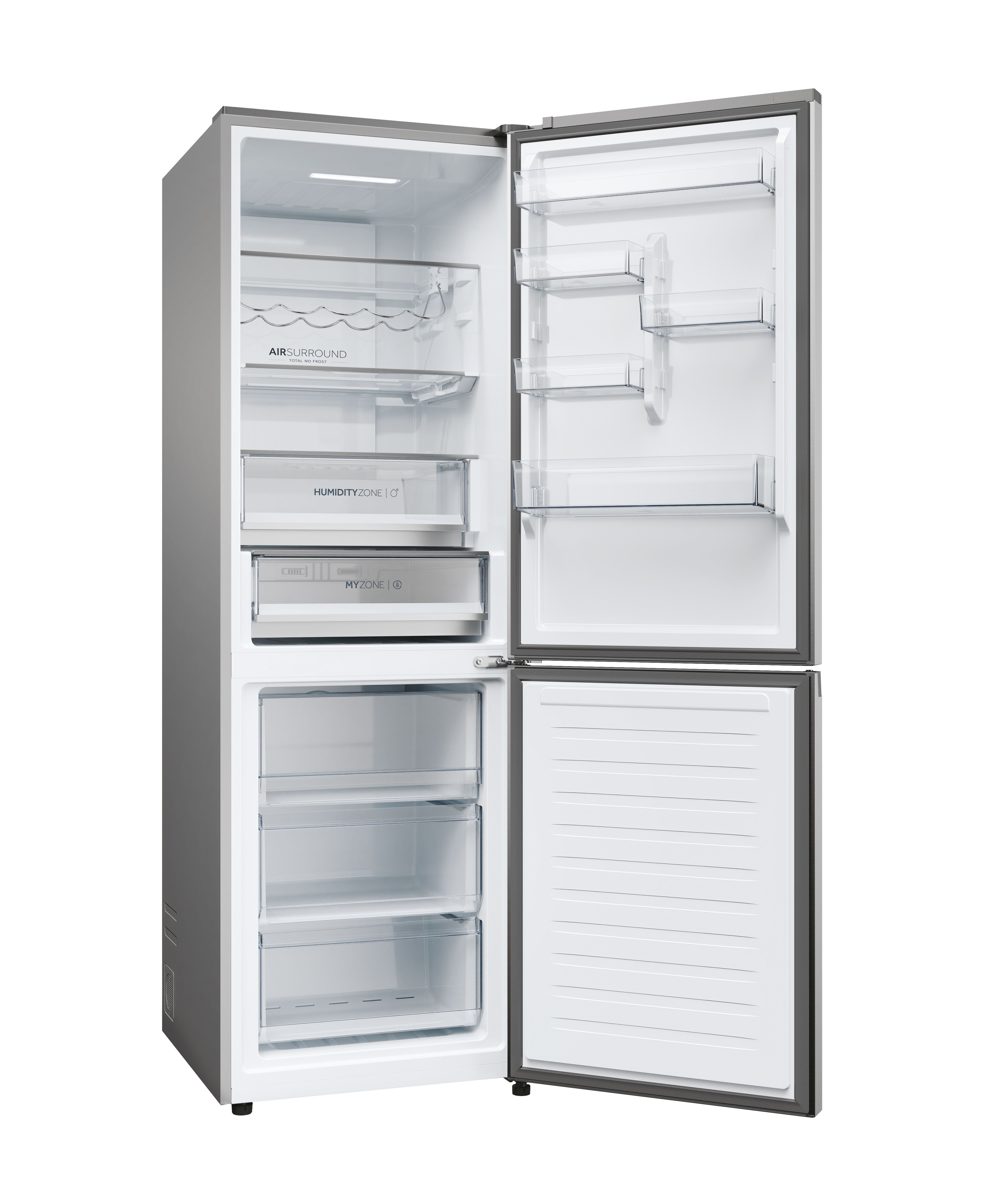 Interior del refrigerador con puertas abiertas. Se ven estantes, cajones y compartimentos. Interior blanco.