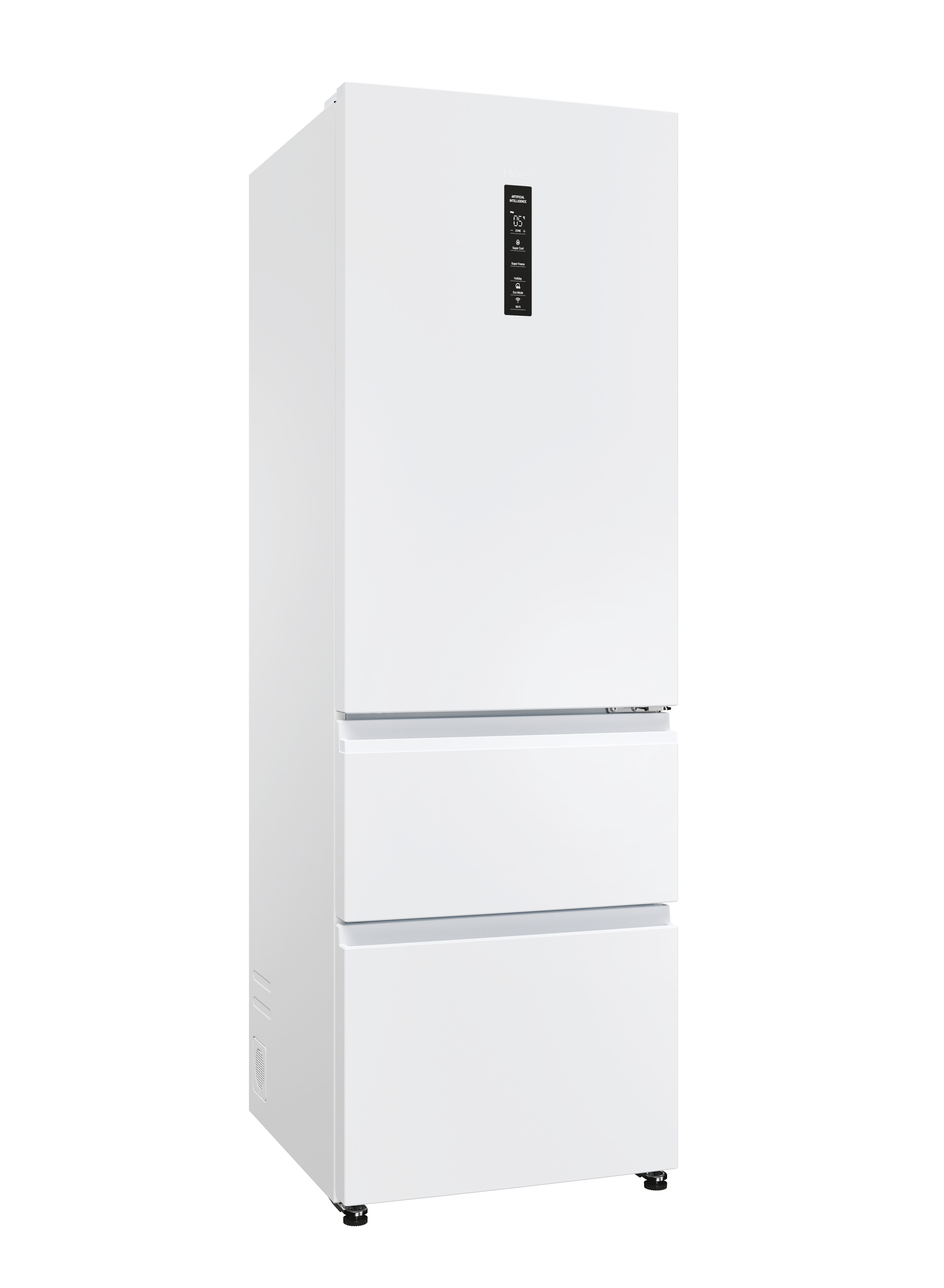 Biała lodówka z dwiema szufladami i górnymi drzwiami. Cyfrowy wyświetlacz znajduje się na górze. Tło jest białe.