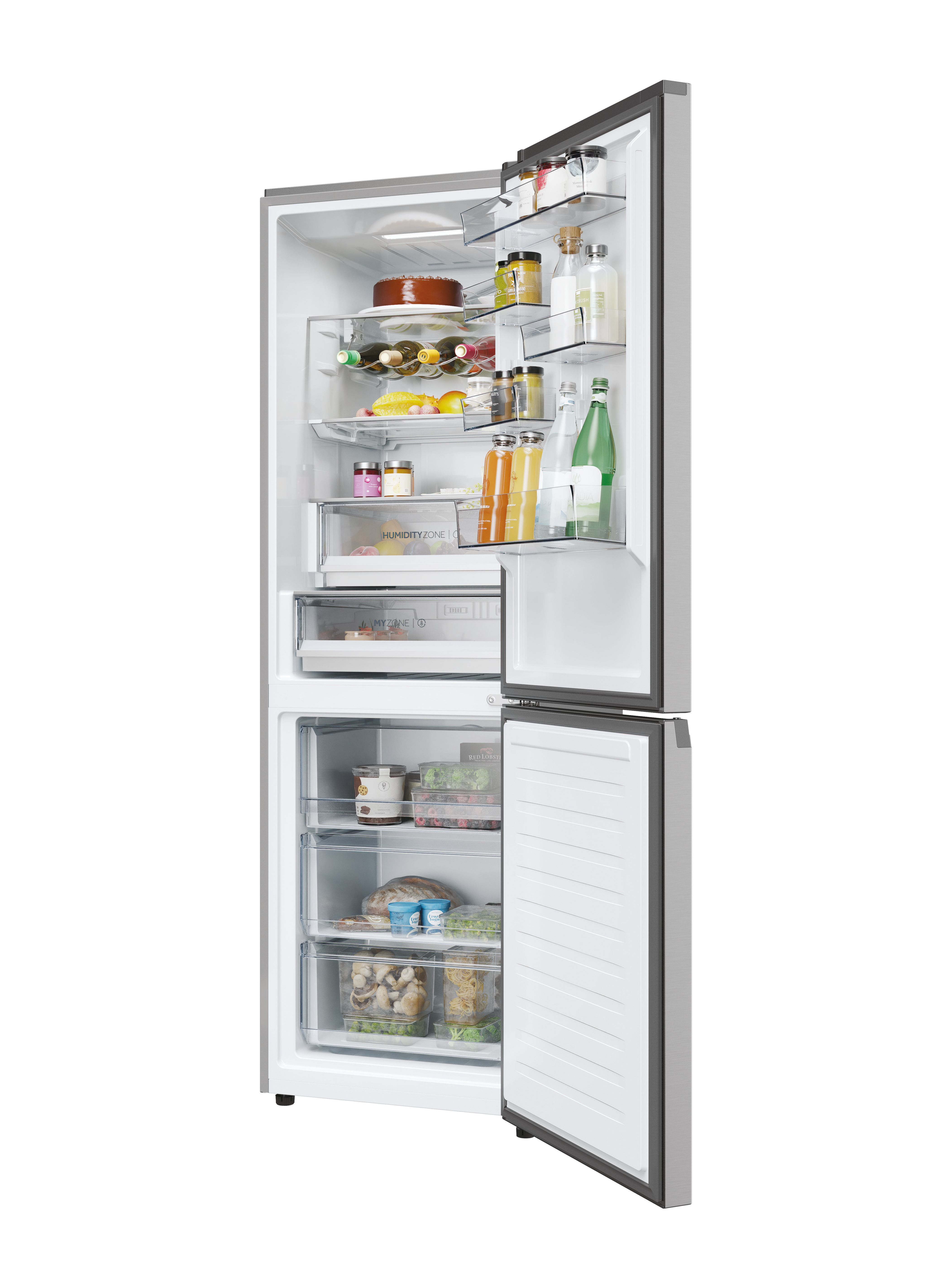 Frigorífico con puertas abiertas, lleno de alimentos. Incluye cajones, estantes y un interior blanco.