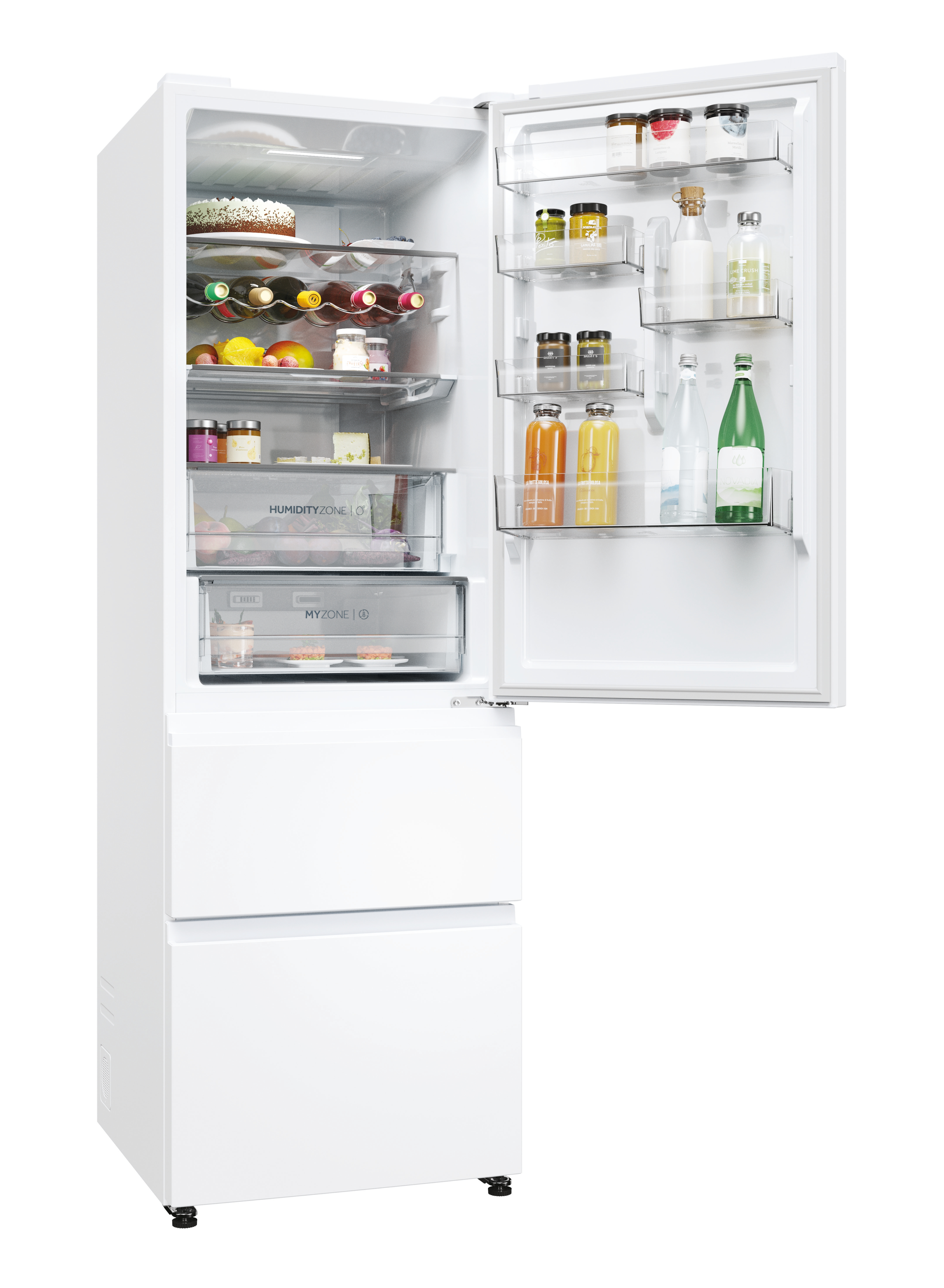 Biała lodówka z otwartymi drzwiami, pokazująca wnętrze. Widoczne półki, szuflady i przegrody.