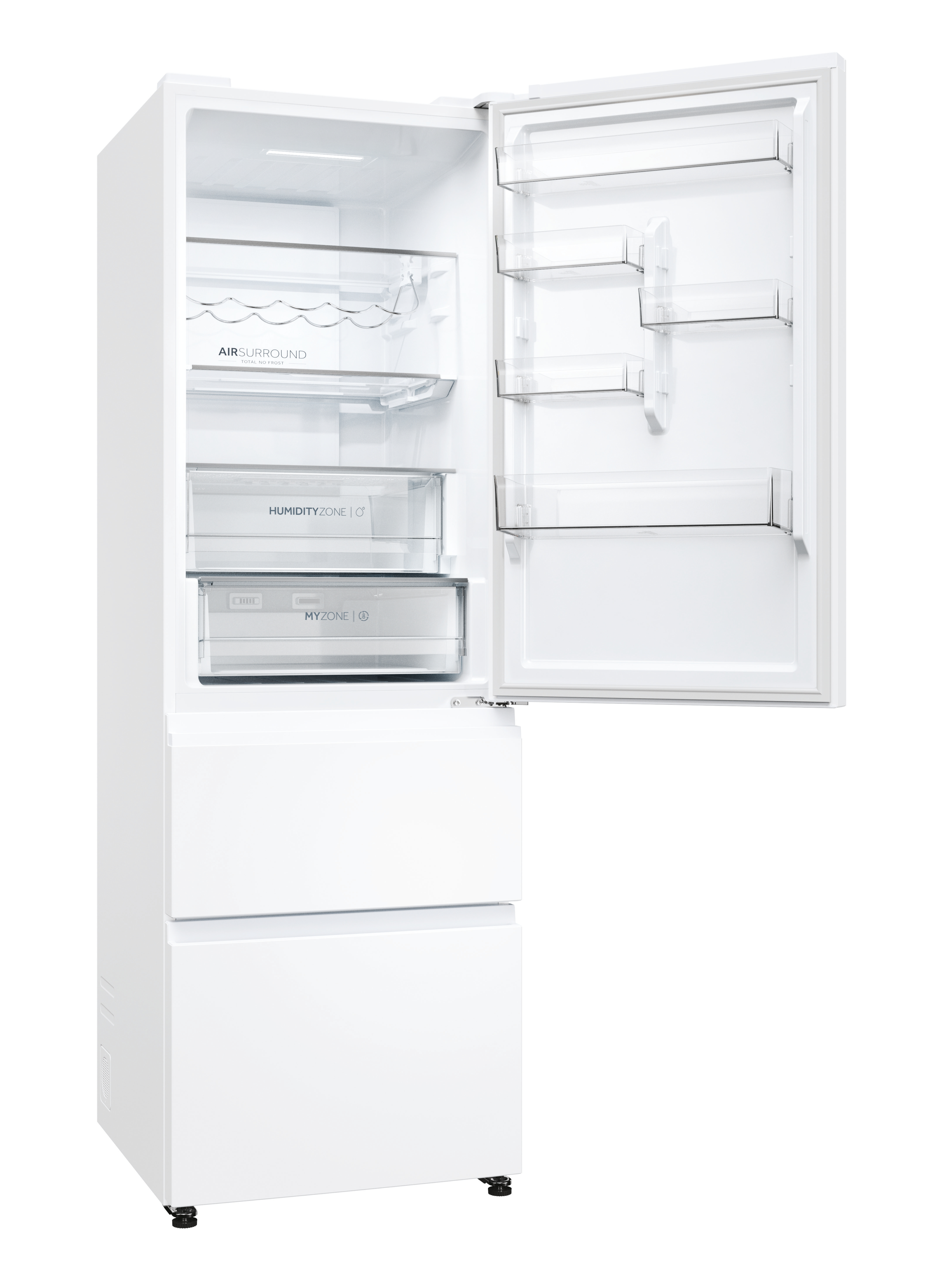 Biała lodówka z otwartymi drzwiami, pokazująca wnętrze. Widoczne półki, szuflady i przegrody.