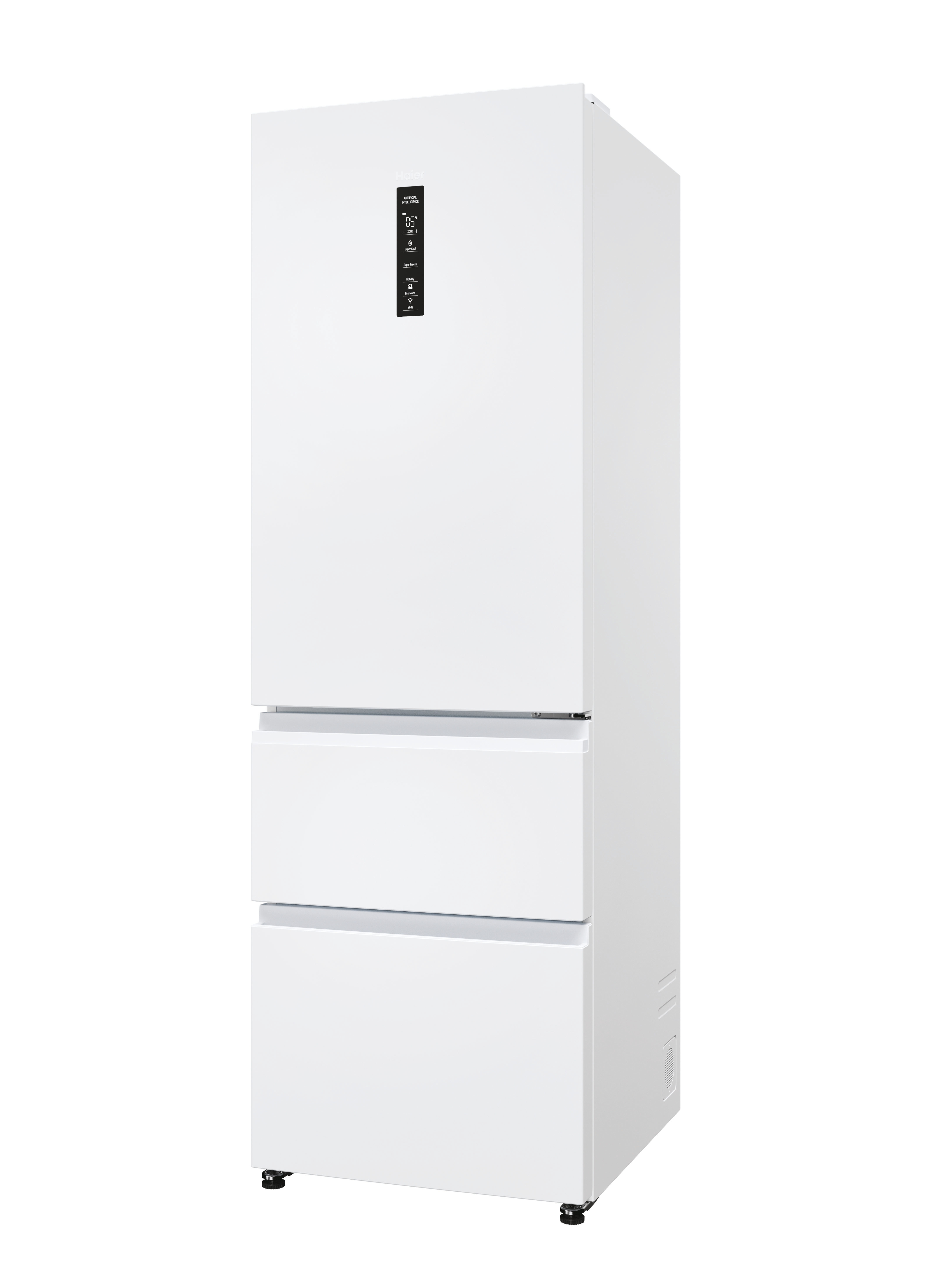 Biała lodówka z dwiema szufladami i górnymi drzwiami. Cyfrowy wyświetlacz znajduje się na górze. Tło jest białe.
