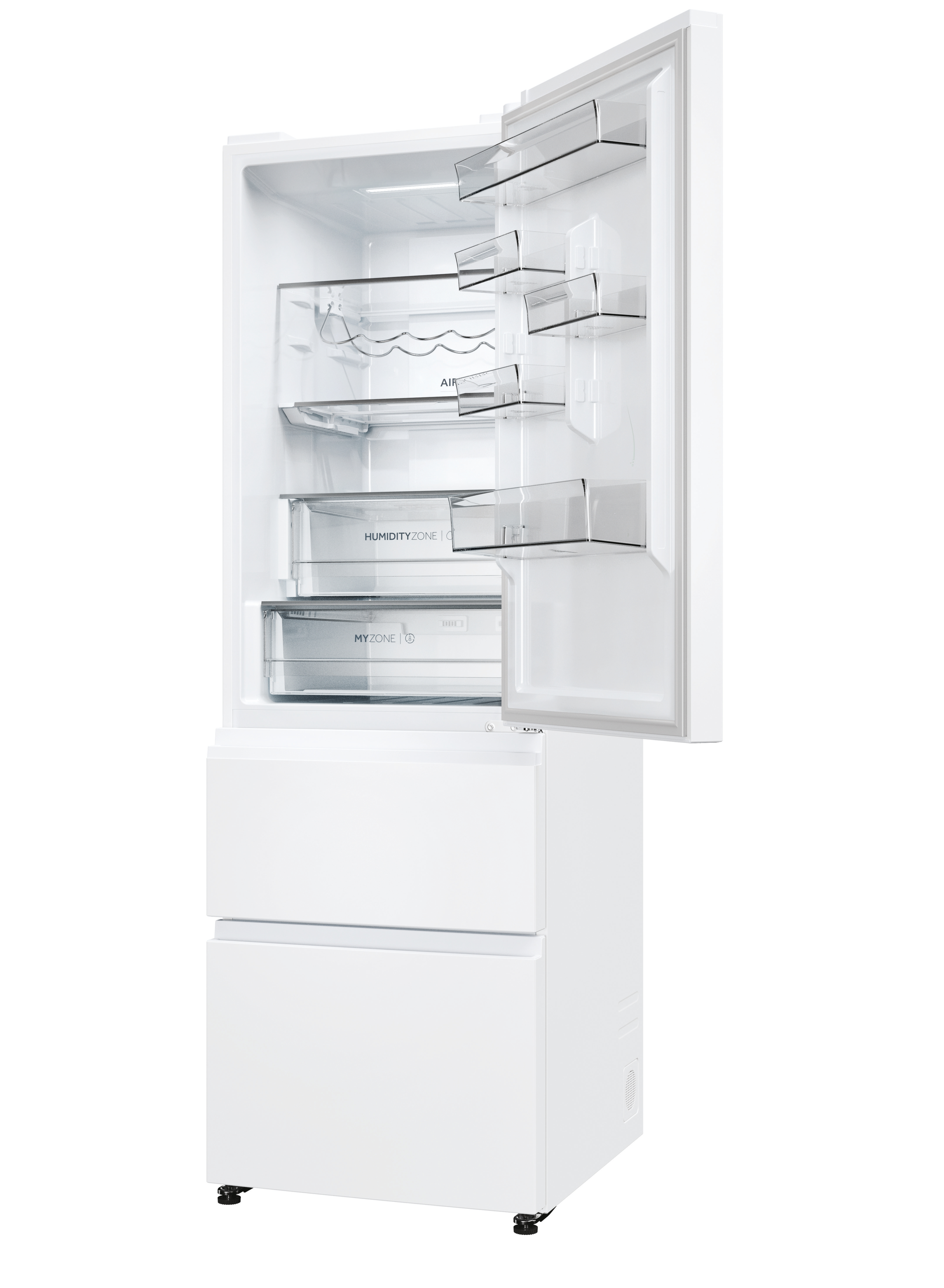 Biała lodówka z otwartymi drzwiami, pokazująca półki, szuflady i przegrody. Jest pusta.