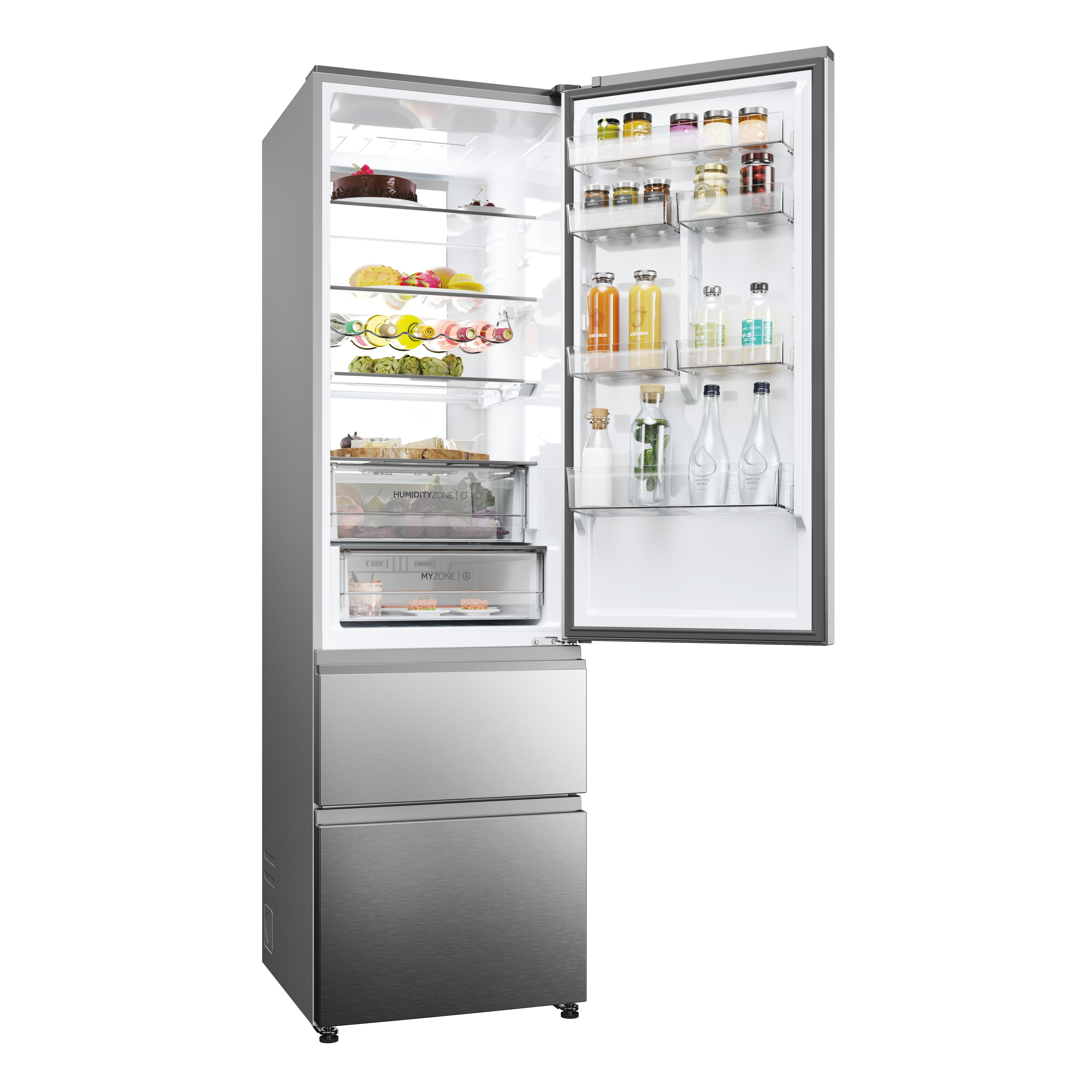 Refrigerador de acero inoxidable abierto con alimentos en estantes y en compartimentos de la puerta.