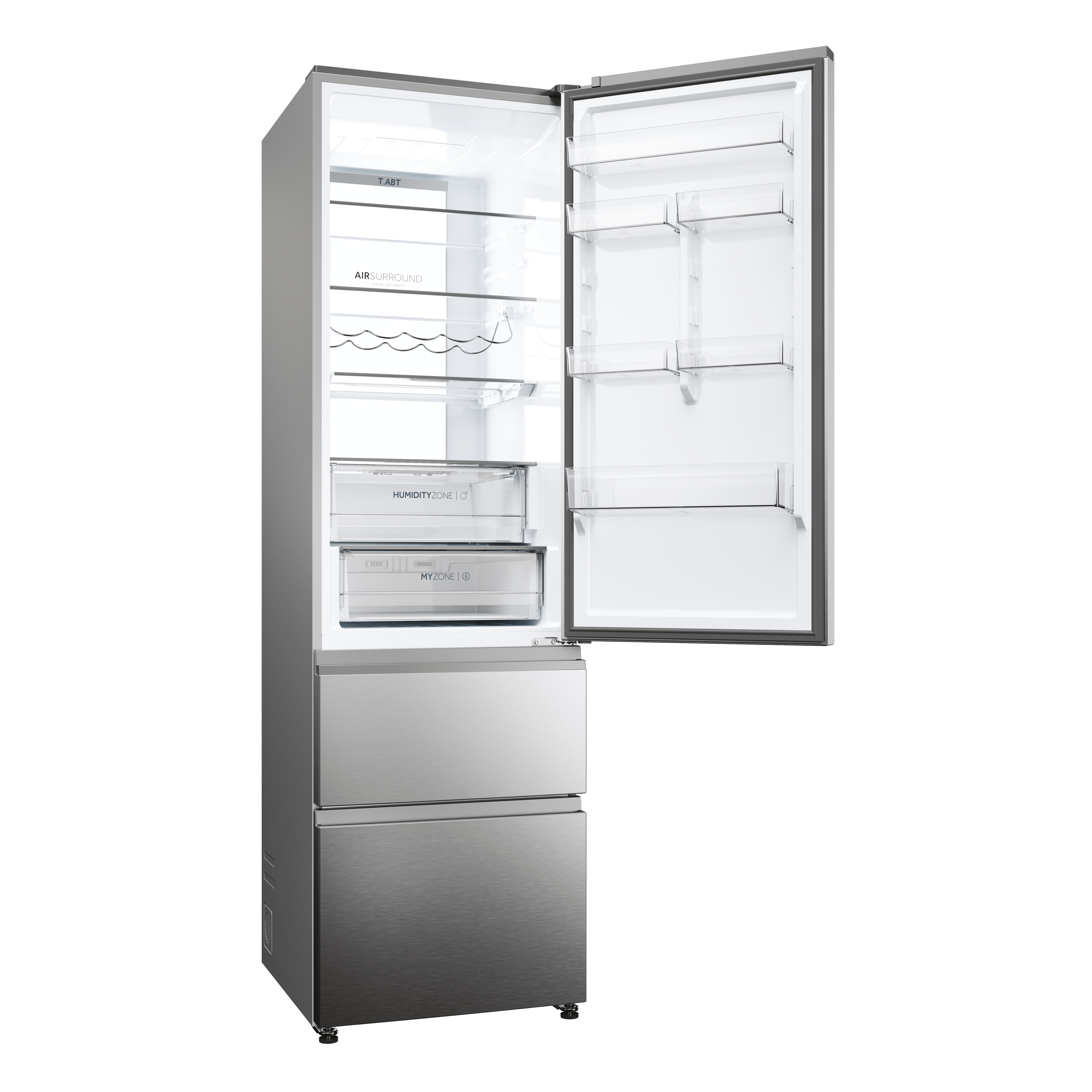 Refrigerador abierto de acero inoxidable con estantes y compartimentos vacíos contra un fondo blanco.