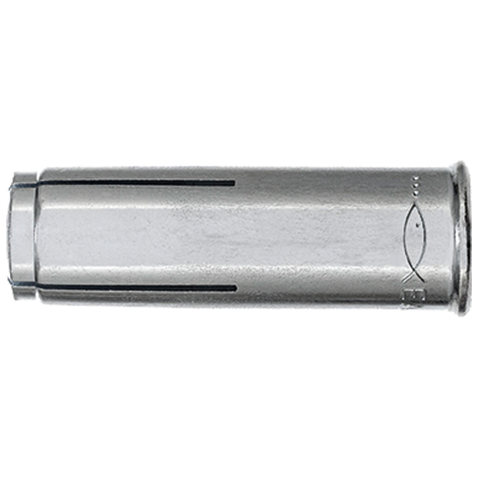 Mały, metalowy, cylindryczny przedmiot z symbolem ryby. Ma gwintowany koniec.