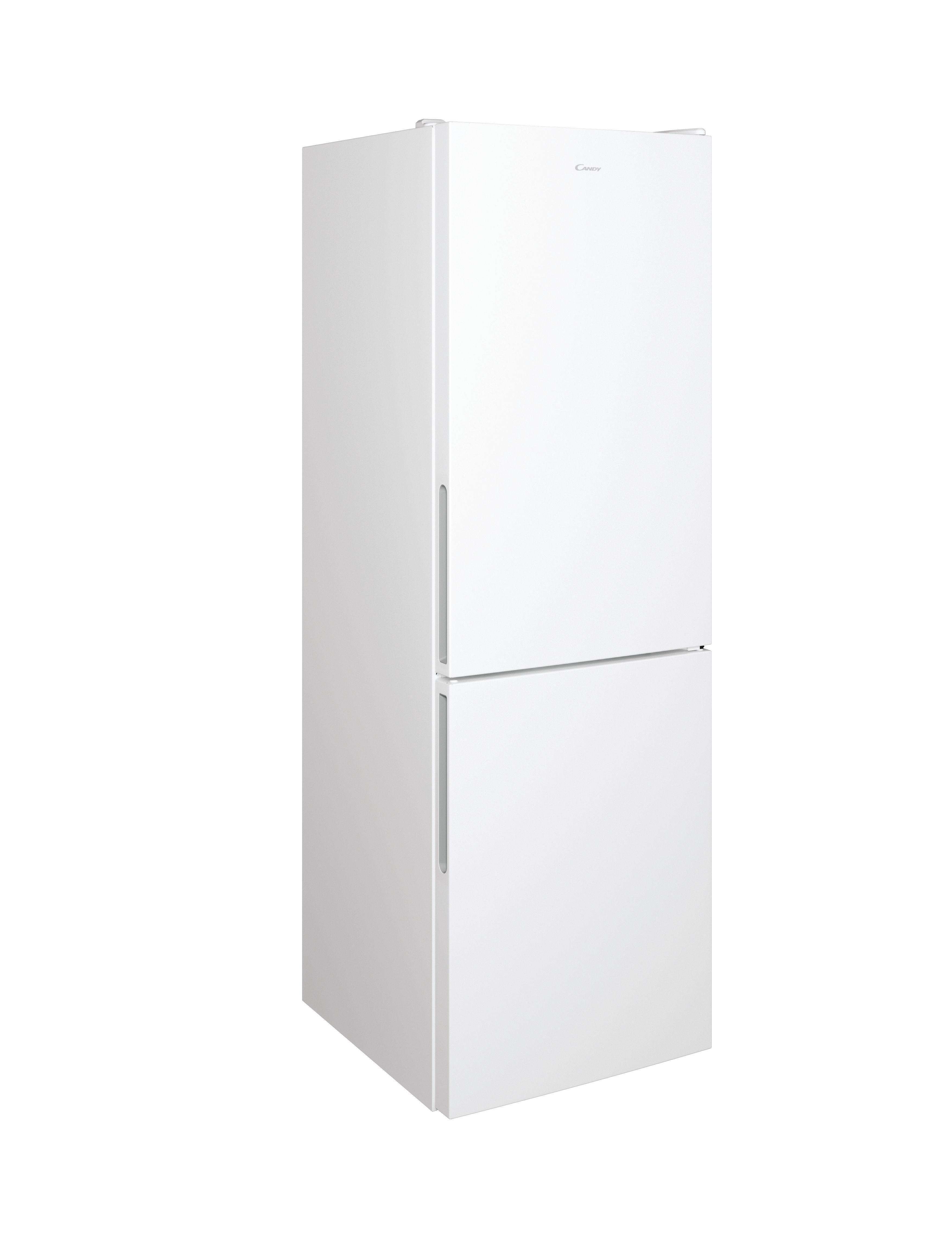 Un frigorifero Candy bianco con un congelatore superiore e una sezione frigo inferiore, angolato contro uno sfondo bianco.