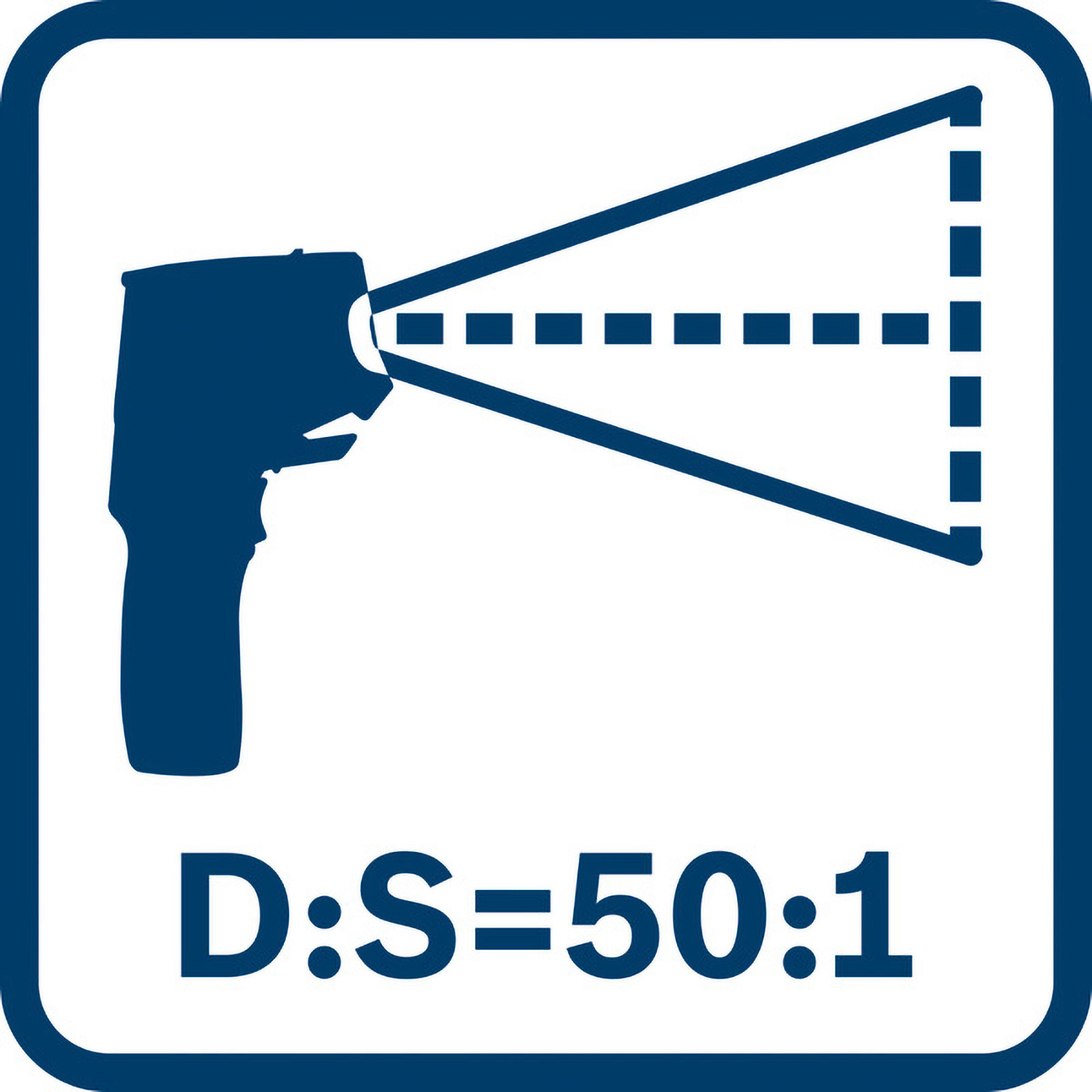 Un'icona blu quadrata con un'icona di pistola termica e il testo 'D:S=50:1', che indica il rapporto distanza/punto.