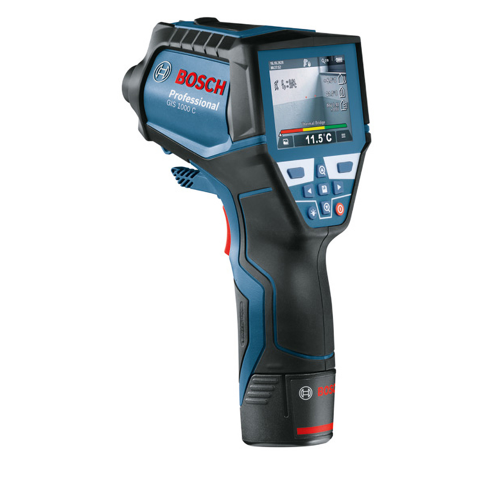 Una termocamera Bosch Professional GIS 1000 C blu e nera, che mostra lo schermo e i comandi.