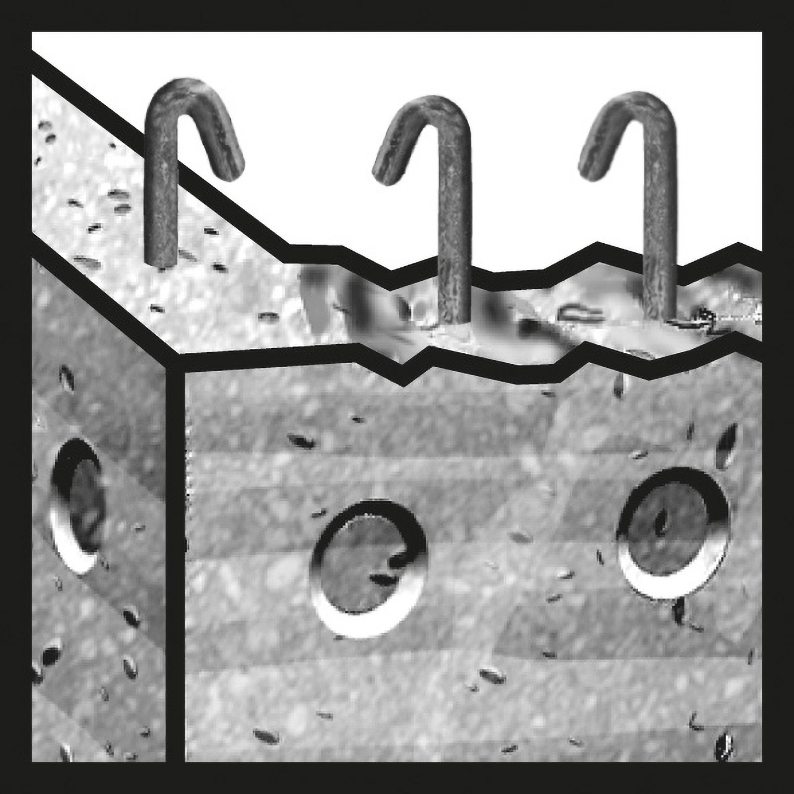 Abstraktes Bild eines Betonblocks mit Löchern und Metallhaken, die aus der Oberfläche ragen.