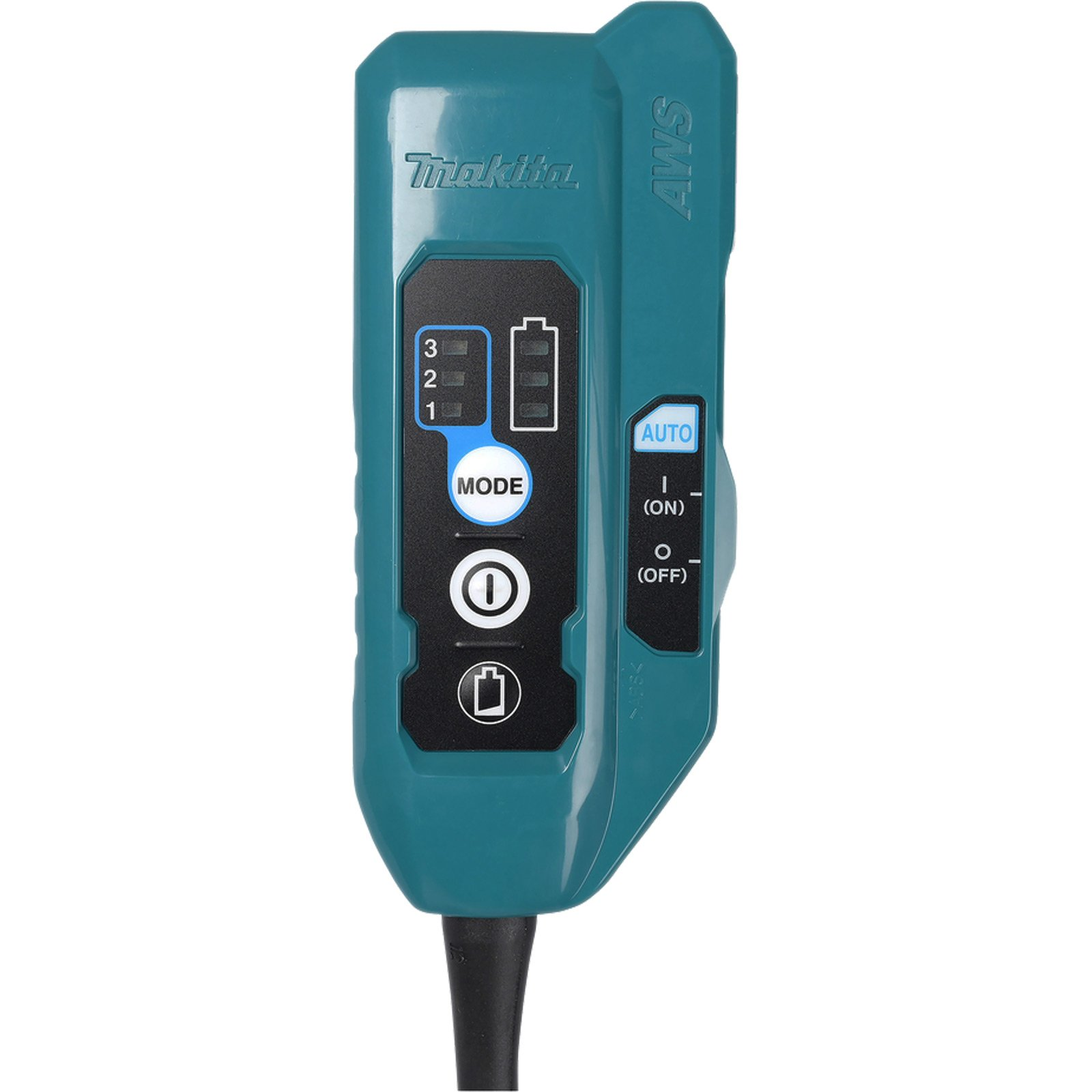 Turkusowy pilot Makita do odkurzacza. Posiada przyciski oznaczone numerami i symbolami. Tło jest białe.