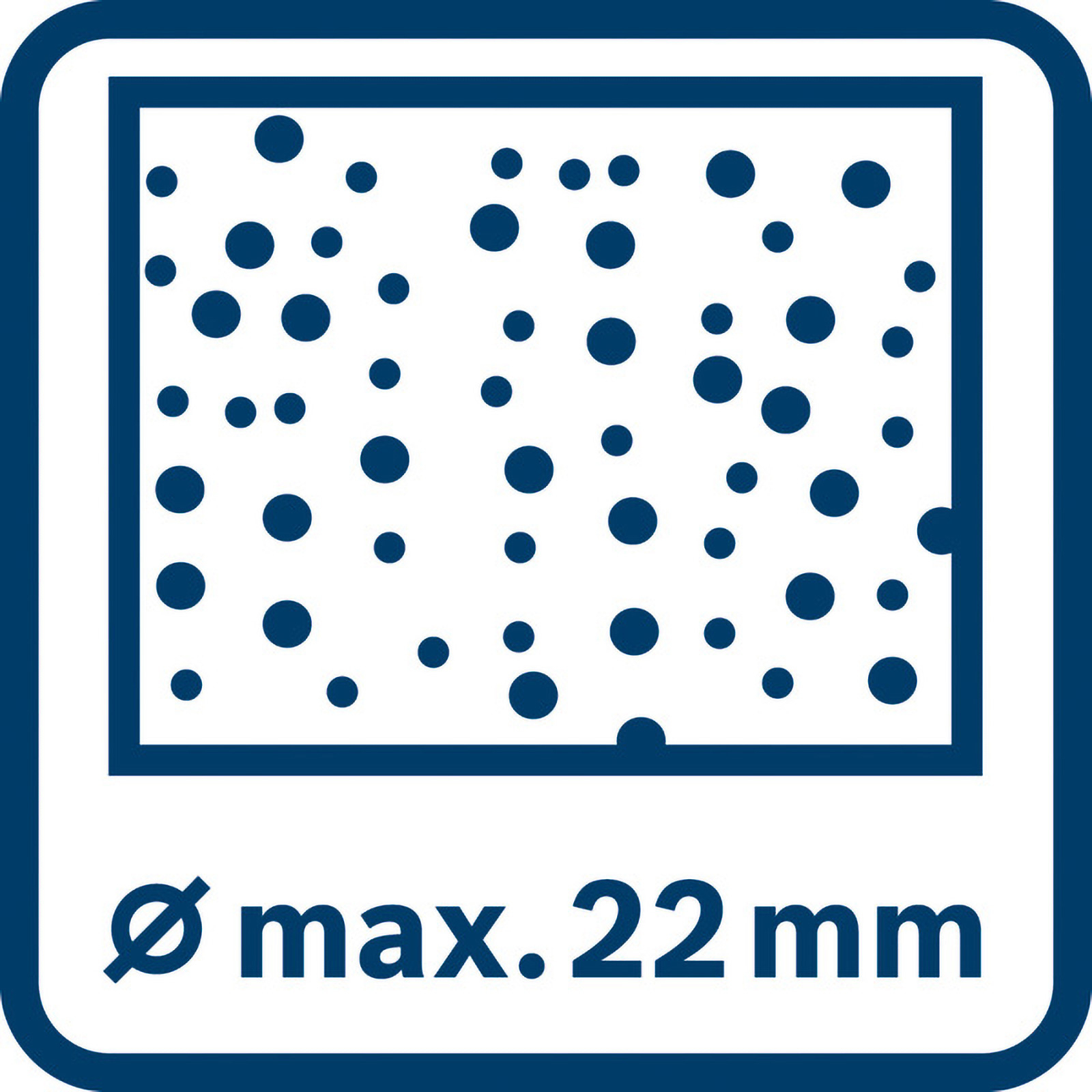 Nahaufnahme eines blauen Quadrats mit verstreuten schwarzen Kreisen. Der Text "Ø max. 22 mm" steht unten.