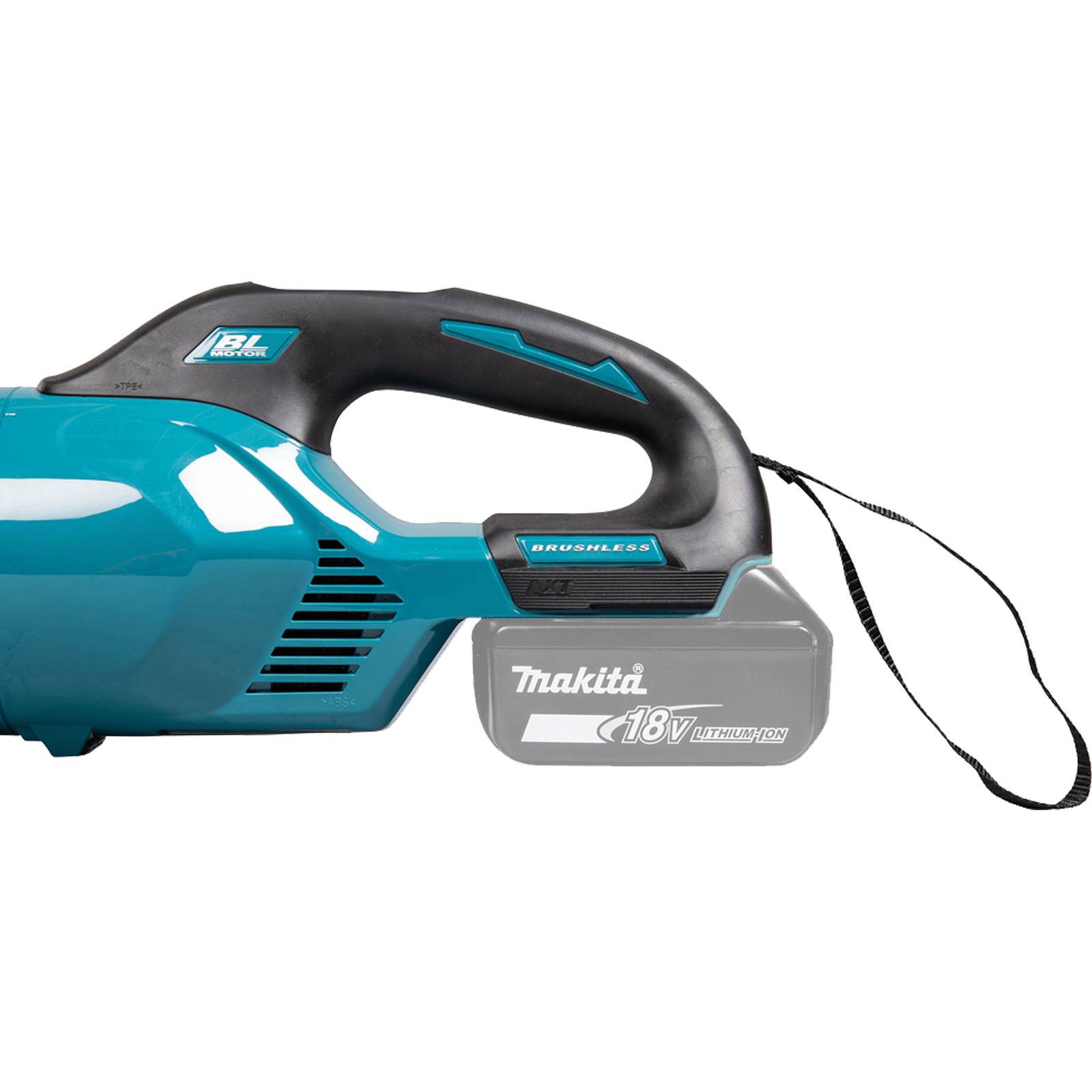 Ein schnurloses Makita-Gebläse in Türkis und Schwarz. Der Griff ist schwarz und die Batterie ist am Sockel befestigt.