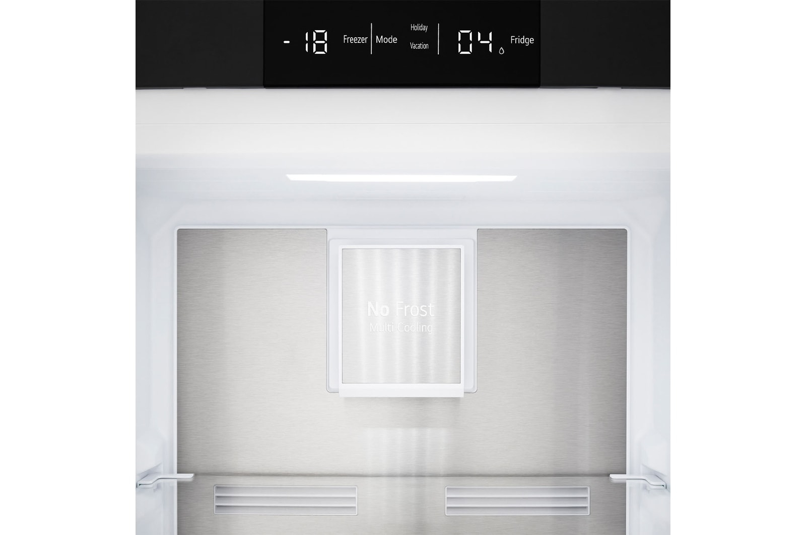 Wnętrze lodówki z panelem wyświetlającym -18 i funkcjami 'No Frost' Multi Cooling.
