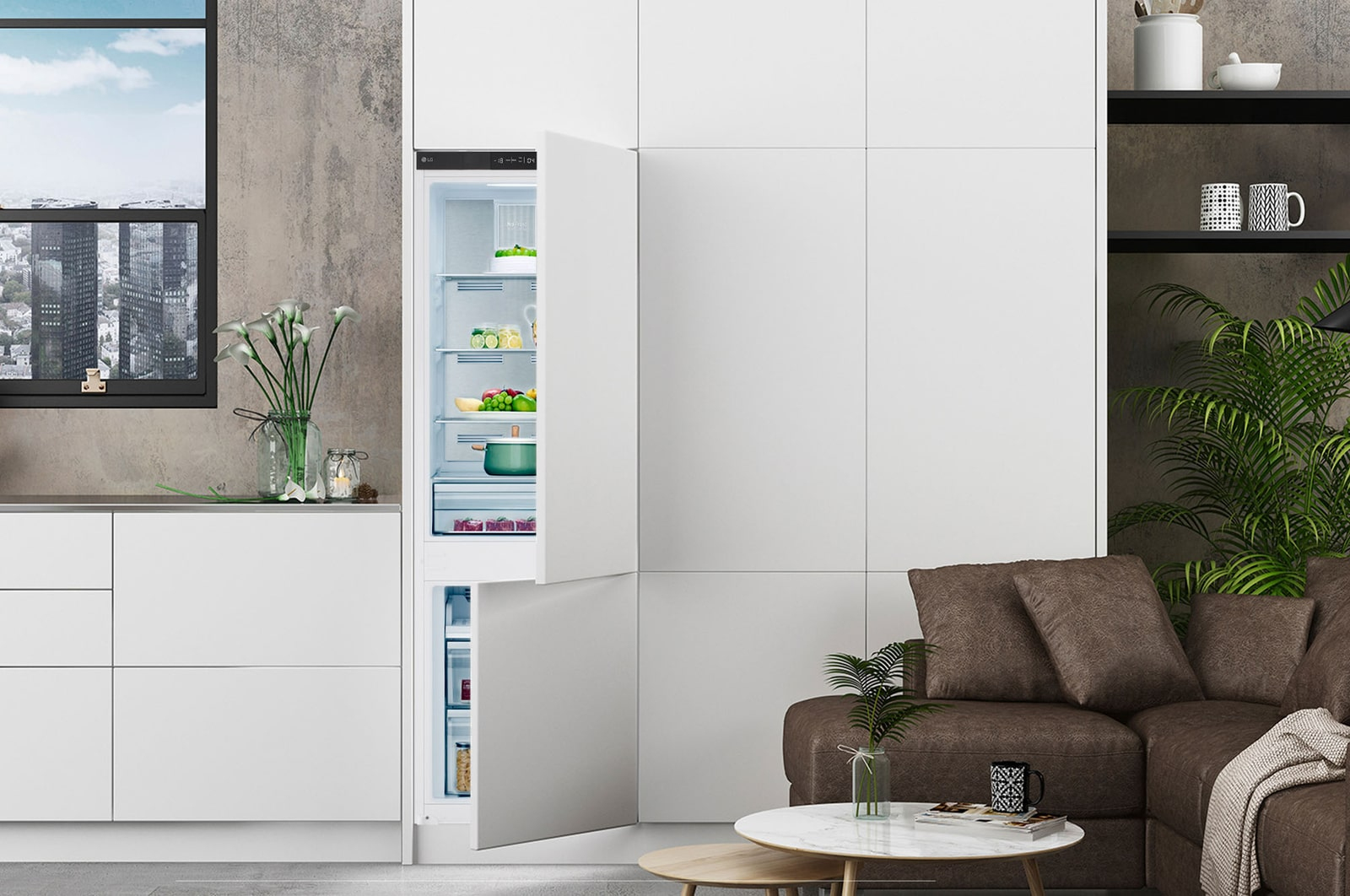 Nowoczesna kuchnia z otwartą lodówką i salonem w tle.