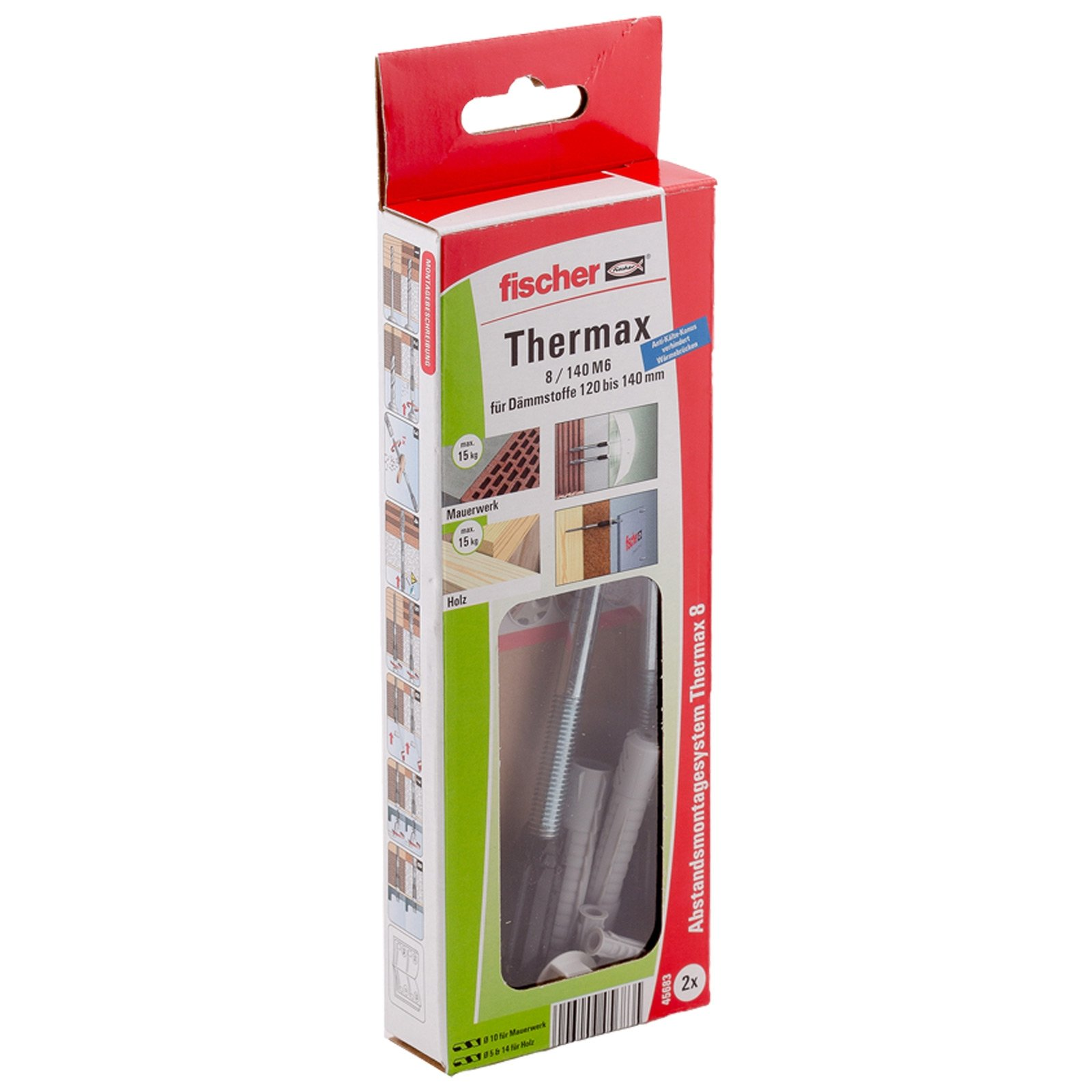 Eine Verpackung für eine Fischer Thermax 8 Isolierbefestigung. Das Paket zeigt die Befestigungskomponenten.