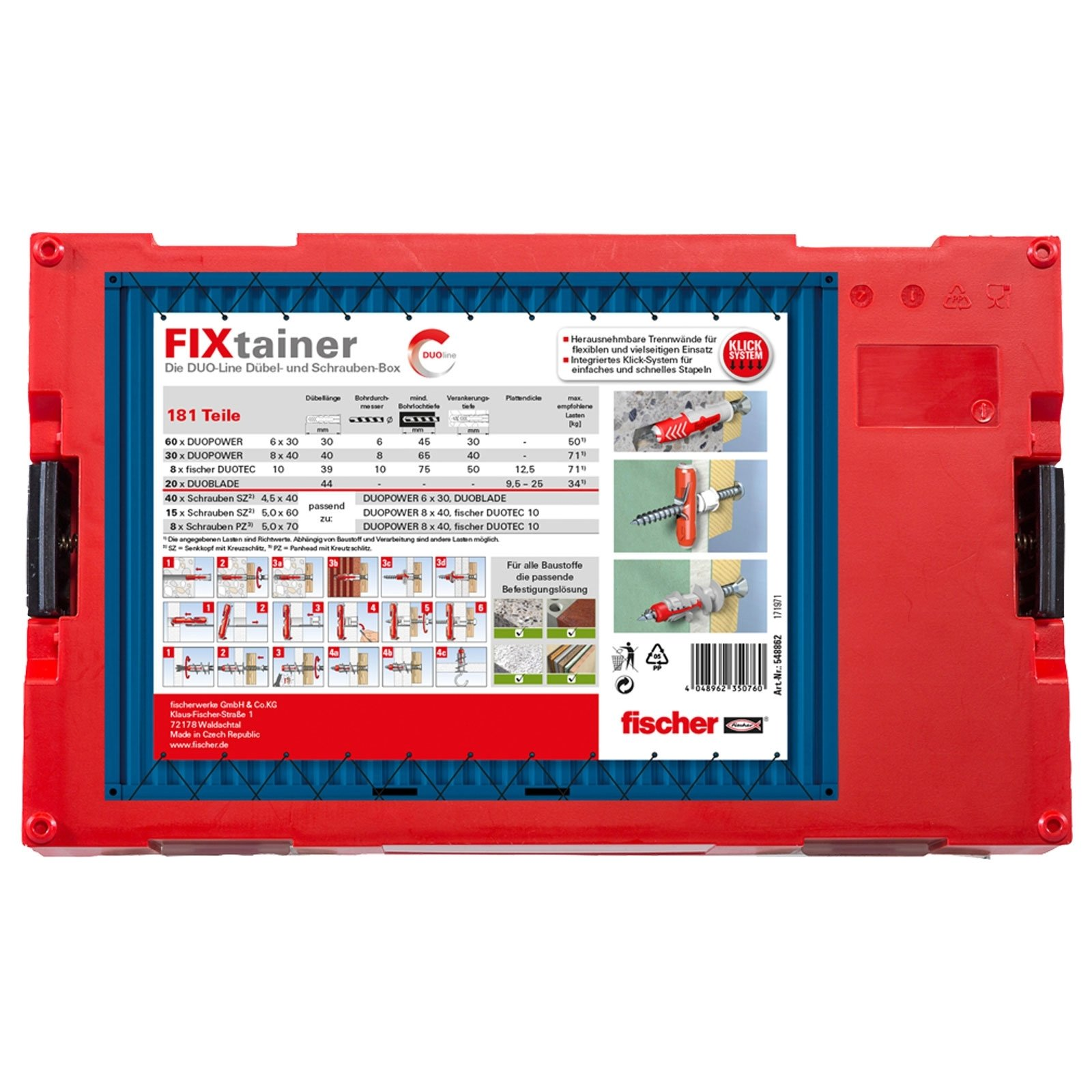 Red toolbox labeled FIXtainer with detailed diagrams and information about its contents.