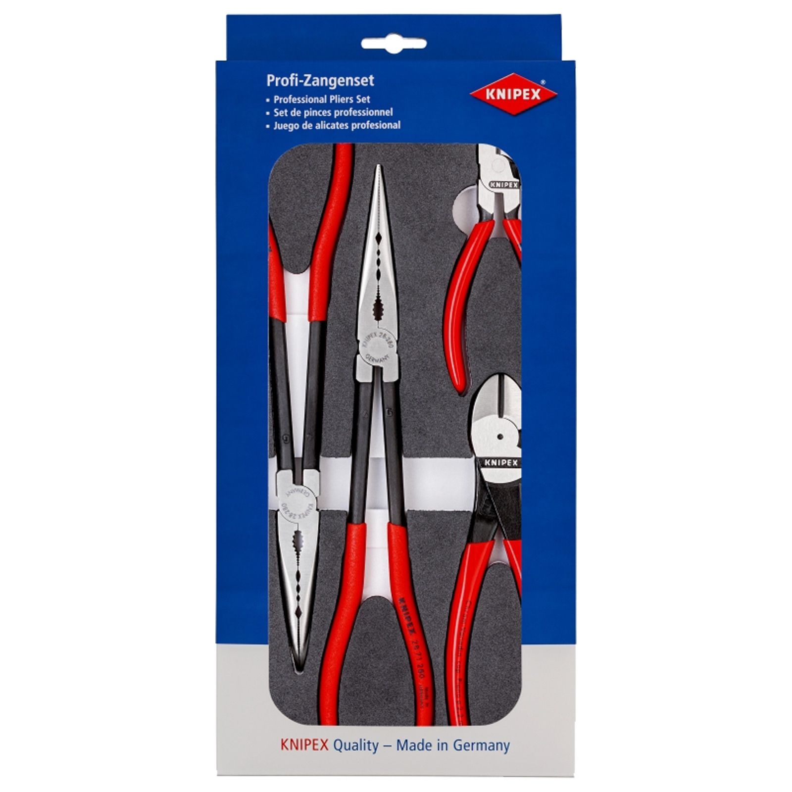 Ein Zangenset in einer Box. Sie haben rote Griffe und sind von Knipex.
