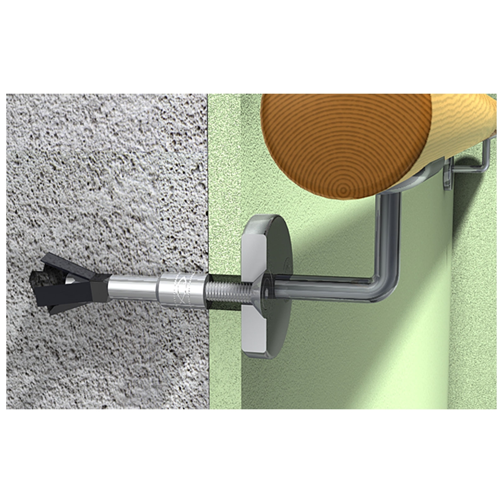 A wall mounted handrail bracket. It is made of metal and wood.