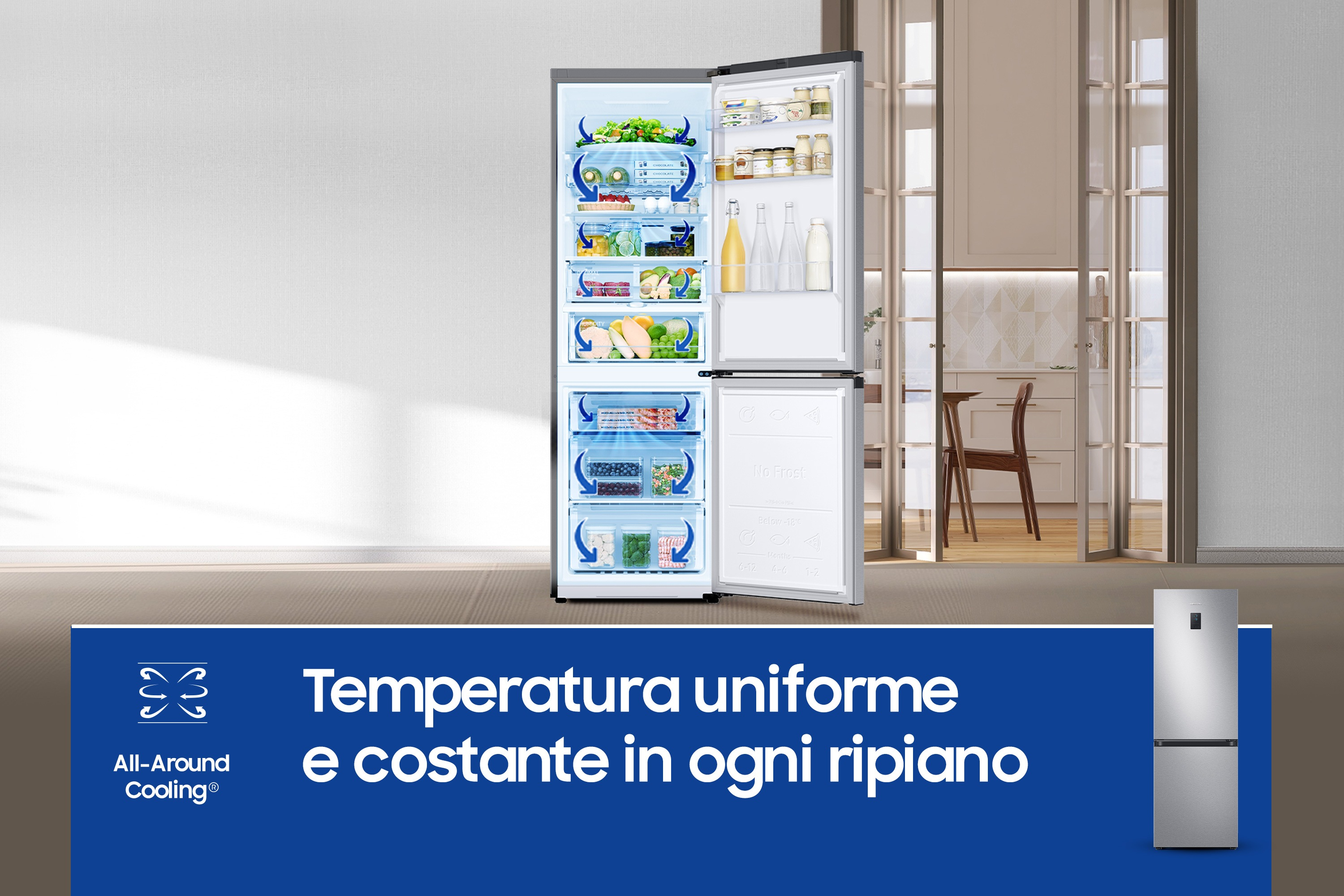 Otwarta lodówka pokazująca wnętrze i zawartość, z hasłem o równomiernej temperaturze.