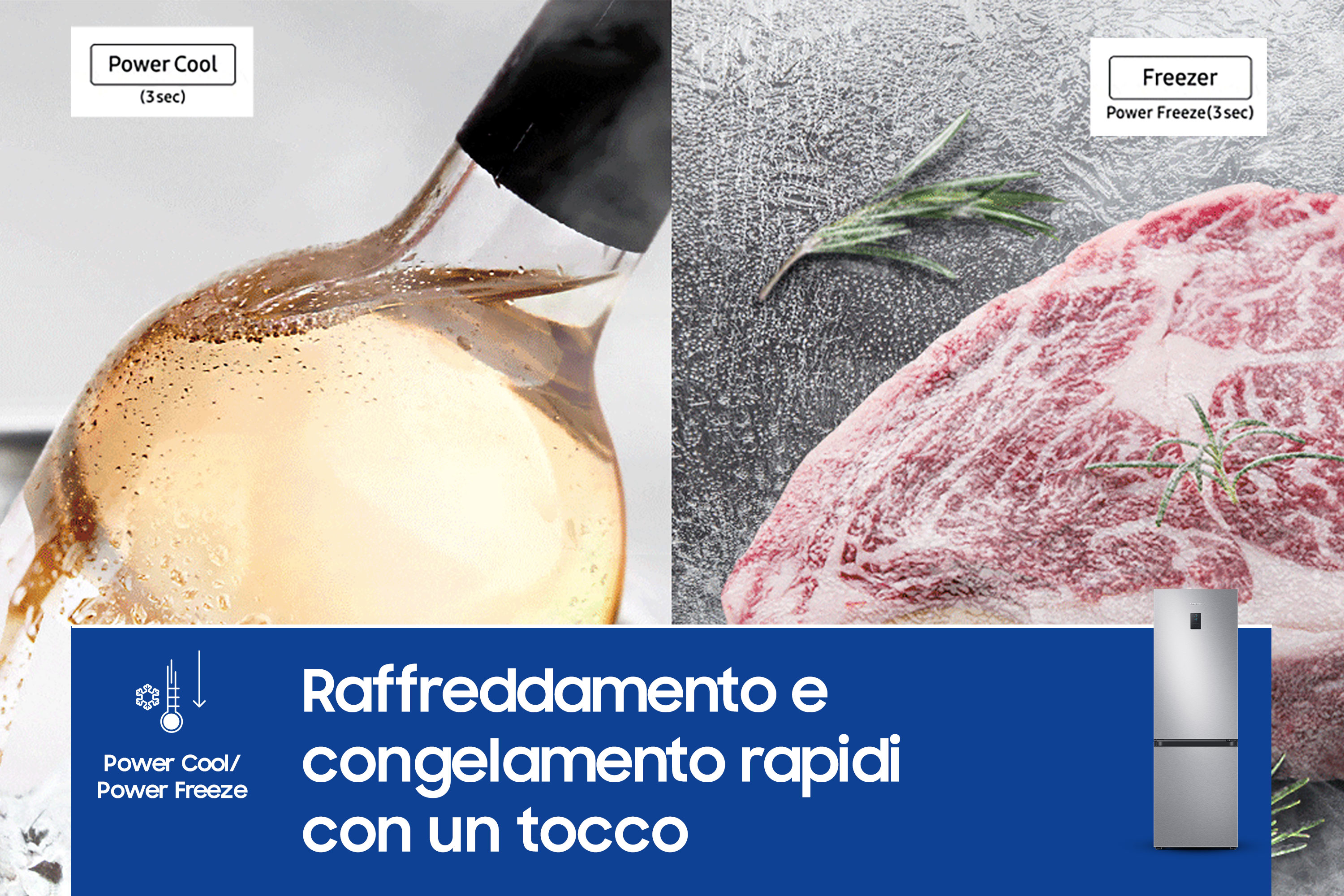 Butelka wina i mięso. Tekst: Power Cool/Freeze i Rrapido congelamento con un touch.