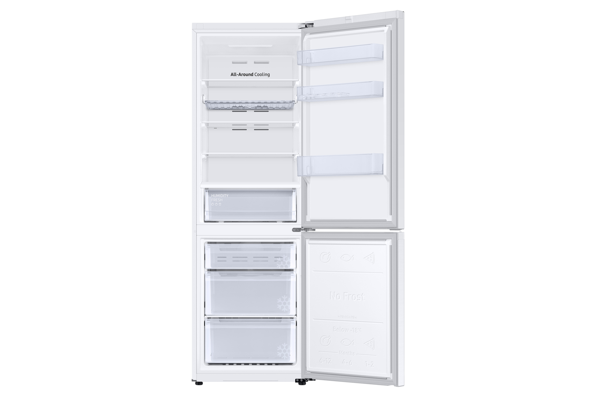 Frigorifero bianco, aperto, che mostra scomparti, cassetti con etichette 'HUMIDITY FRESH' e 'No Frost'.