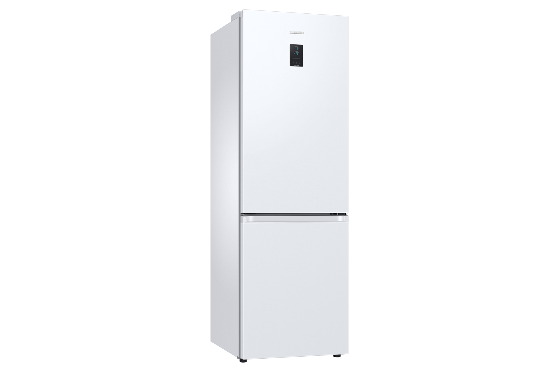 Un frigorifero bianco con una porta superiore e una porta inferiore per il congelatore, con display digitale.