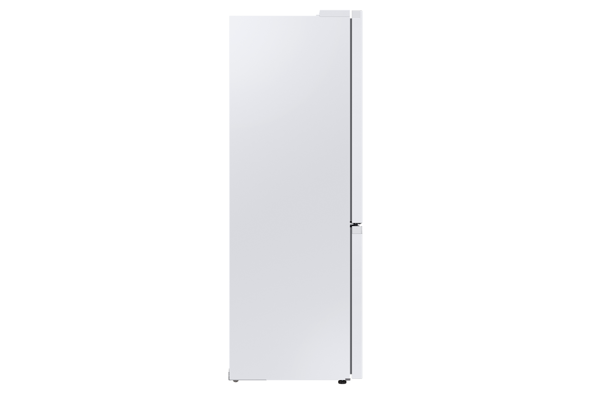 Primo piano della vista laterale di un frigorifero Samsung bianco, che mostra la porta e la maniglia.