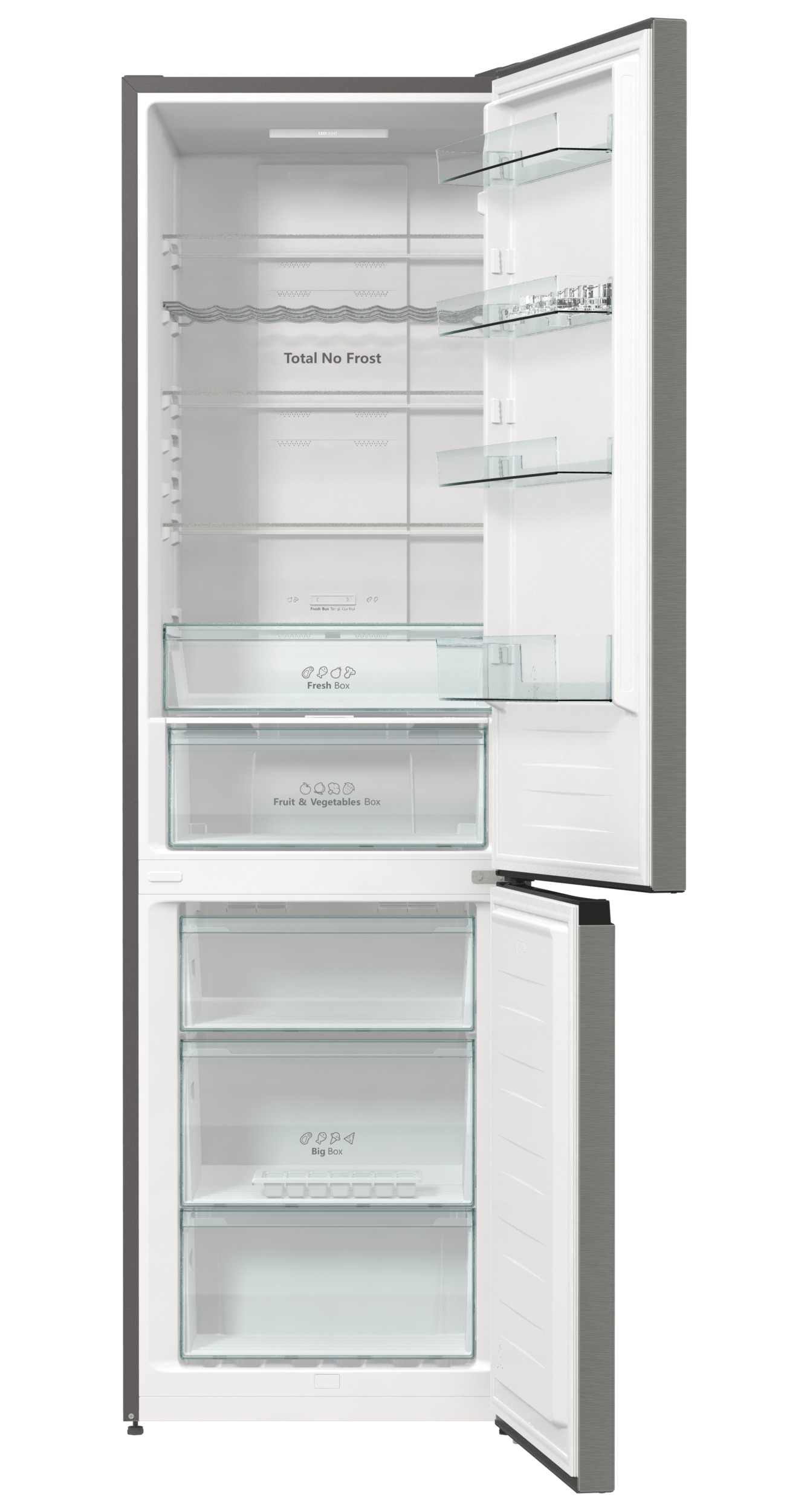 Un frigorifero alto e grigio con le porte aperte, che rivela ripiani e cassetti in vetro all'interno. Con 'Total No Frost'.