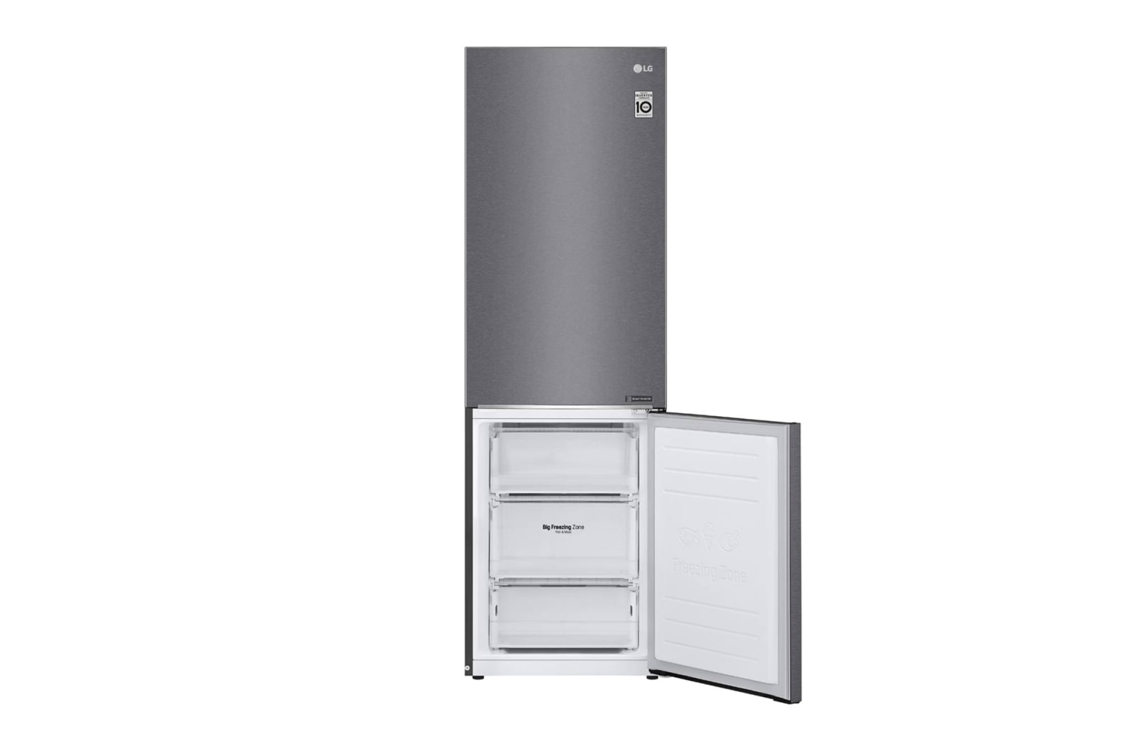 Un frigorifero LG grigio alto con la porta del congelatore aperta.