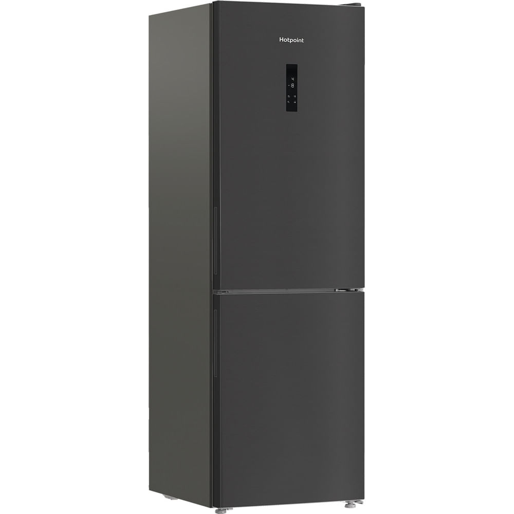 Un refrigerador Hotpoint negro sobre un fondo blanco.