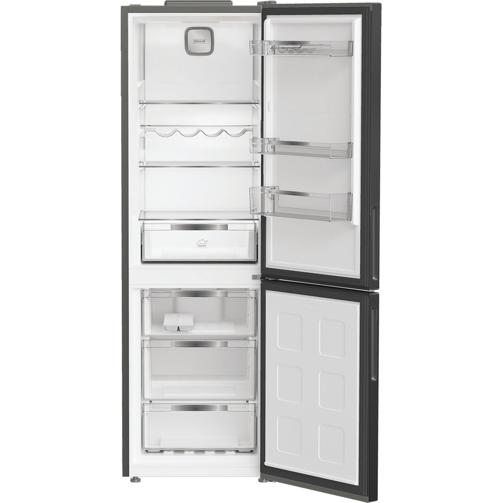Un refrigerador negro vacío y abierto que muestra estantes, cajones y compartimentos de puertas, listo para ser llenado con comida y bebidas.