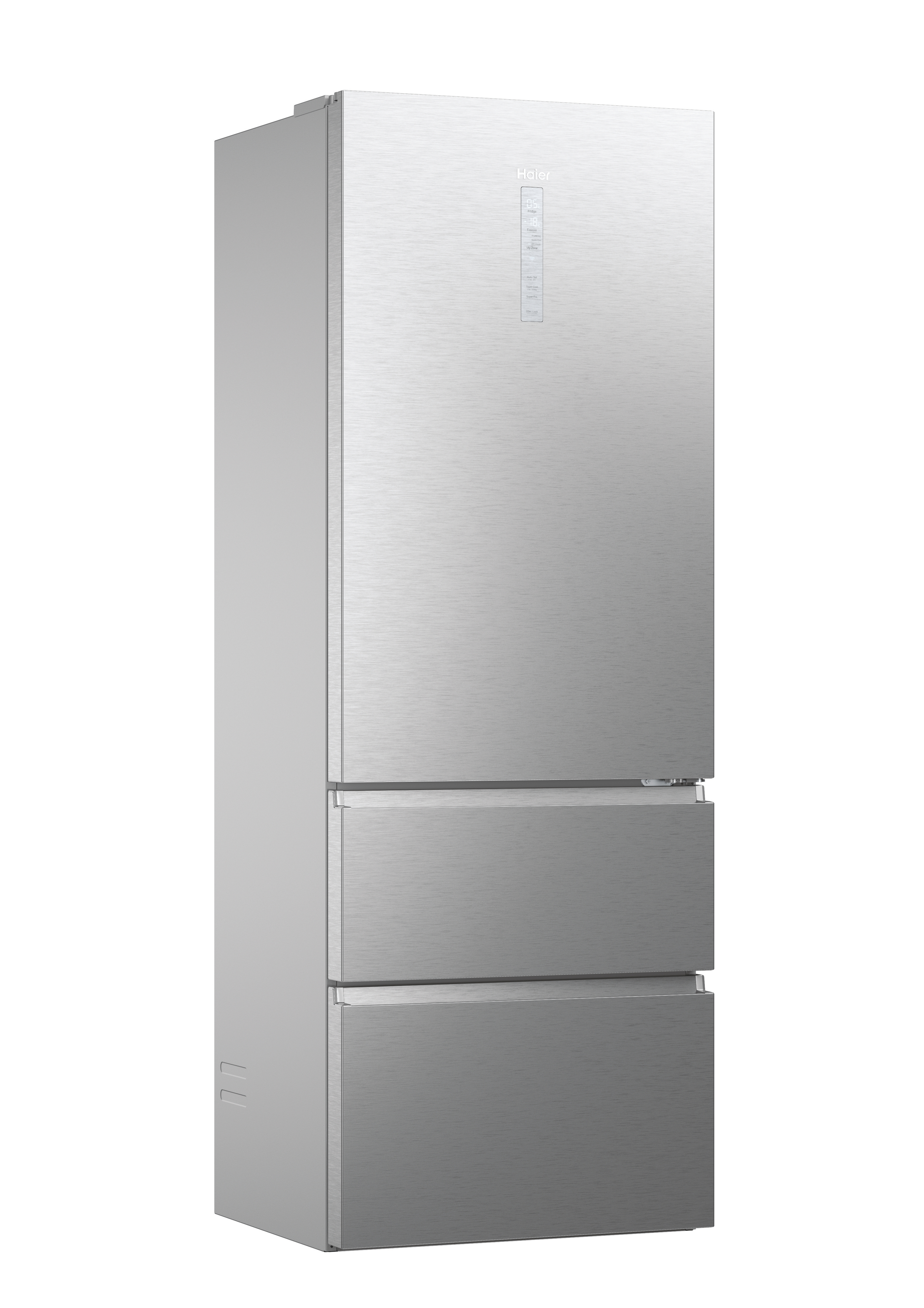 Refrigerador Haier plateado con tres cajones inferiores, sobre fondo blanco.