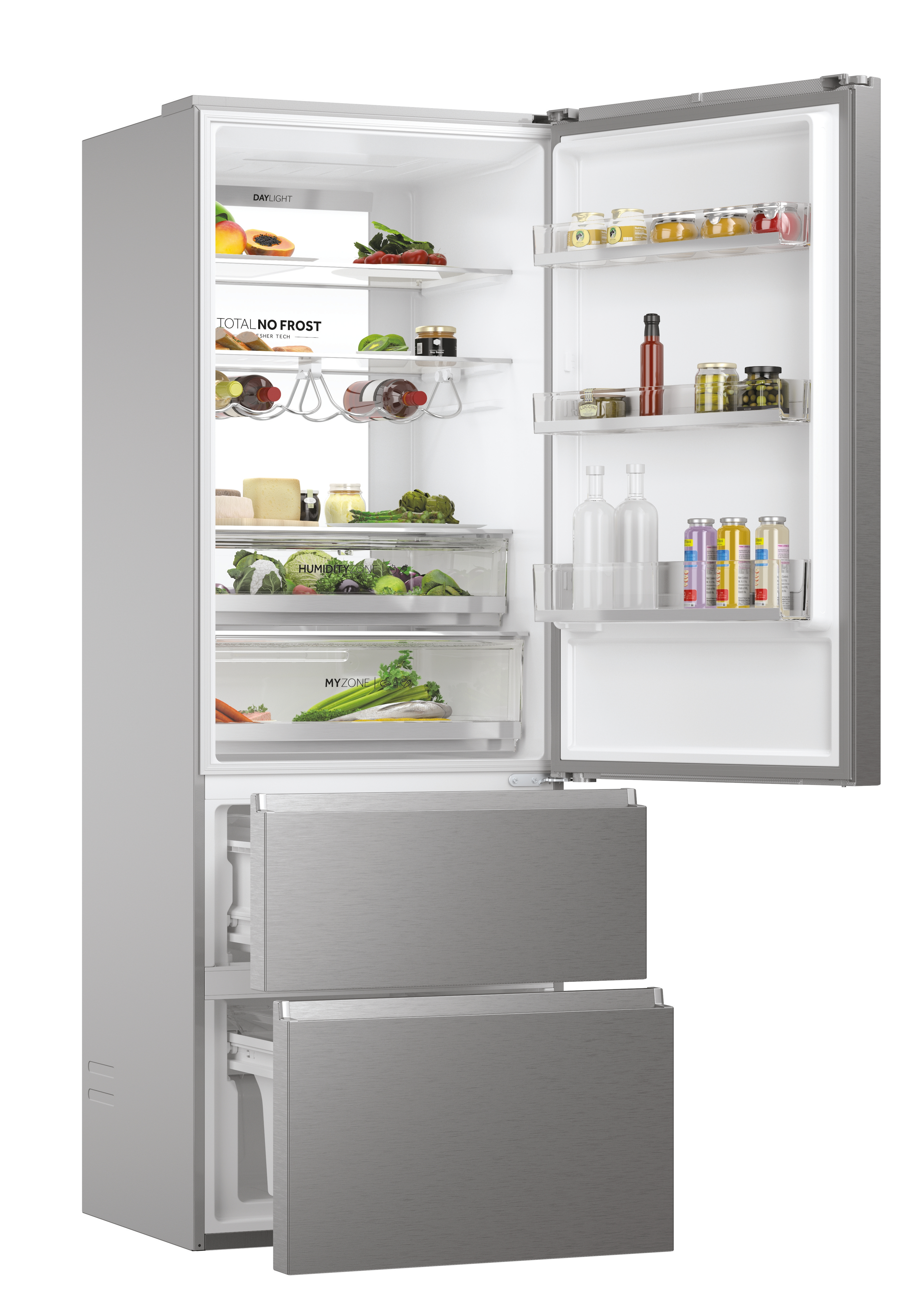 Interior de refrigerador con puerta abierta, lleno de alimentos, estantes y cajones.
