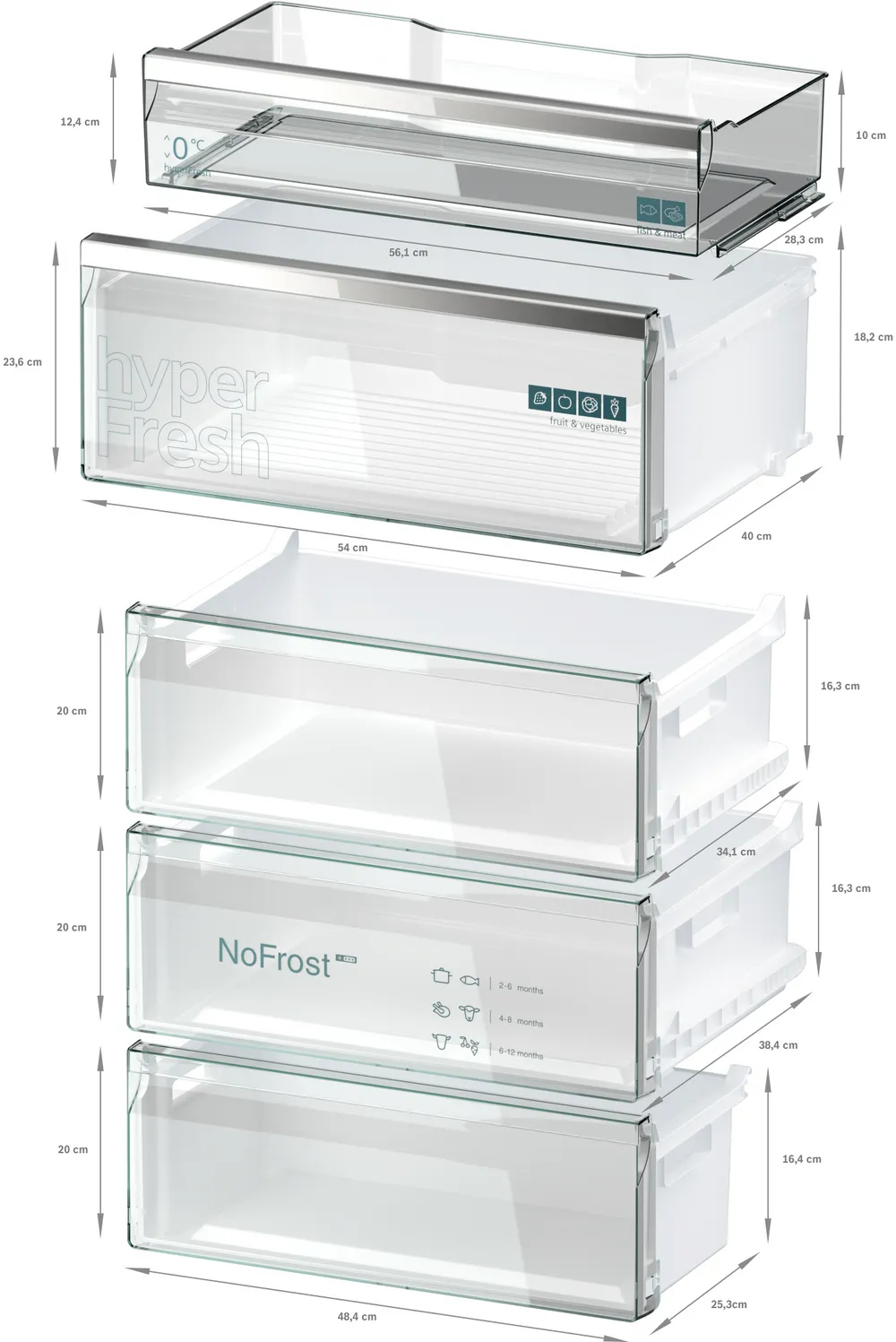 Detailliertes Diagramm mit Kühlschrank-Schubladen und deren Abmessungen in Zentimetern. Klare Kunststoffschubladen.