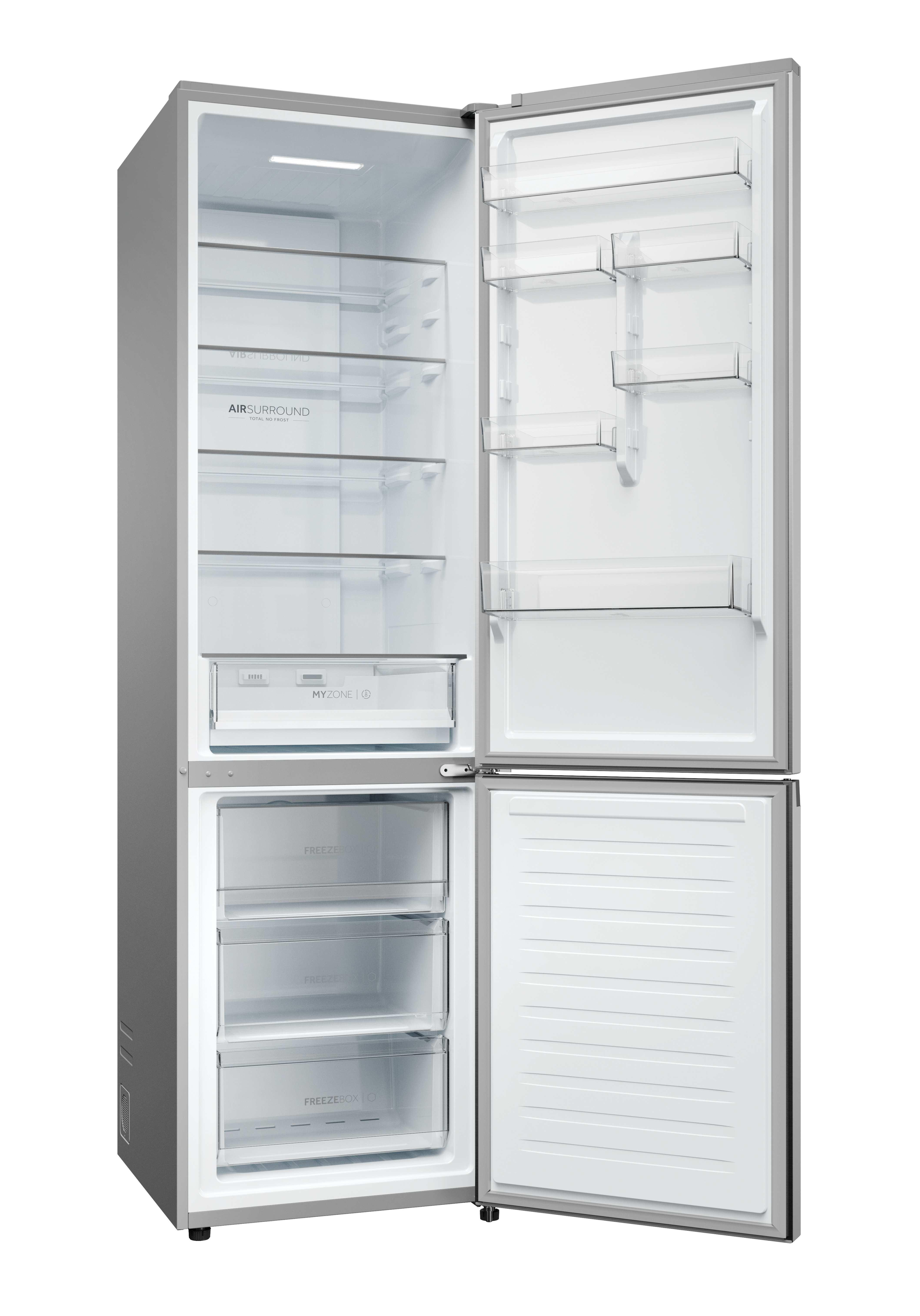 Offener silberner Kühlschrank mit leeren Regalen und Schubladen.