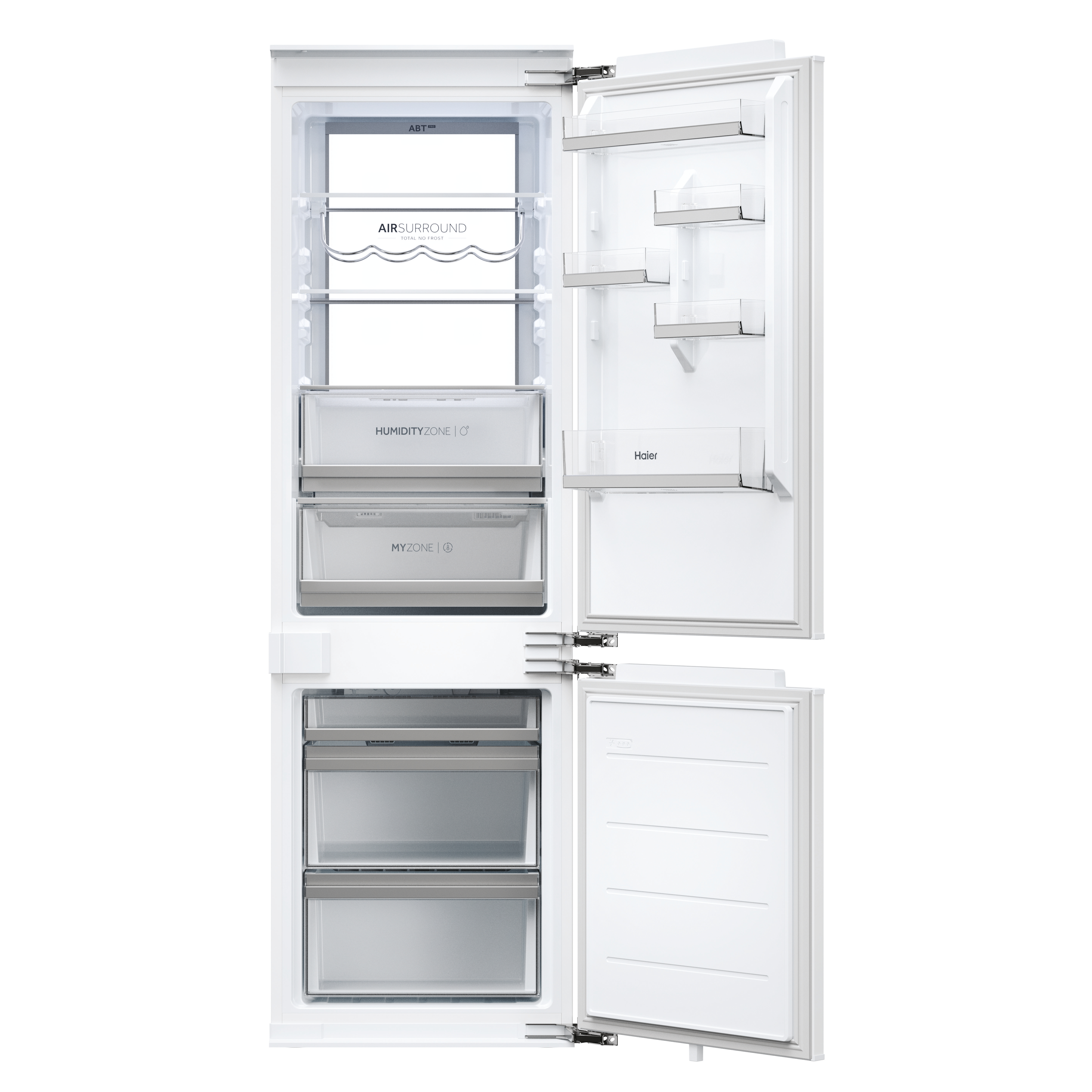 Ein offener Kühlschrank mit verschiedenen Regalen, Schubladen und Etiketten wie 'Air Surround' und 'Humidity Zone'.