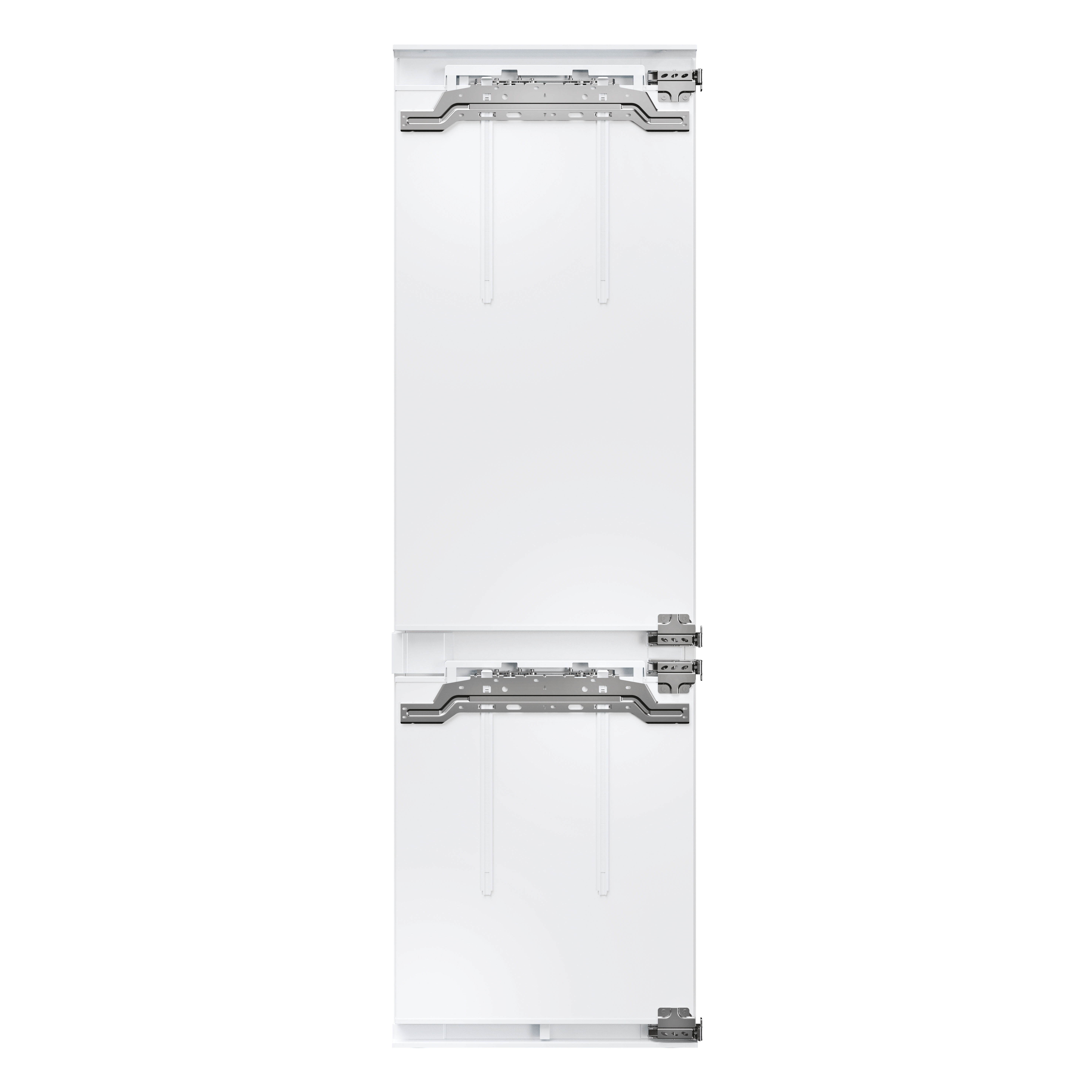 Nahaufnahme einer weißen Kühlschranktür mit Metallscharnieren, sauberes Design.