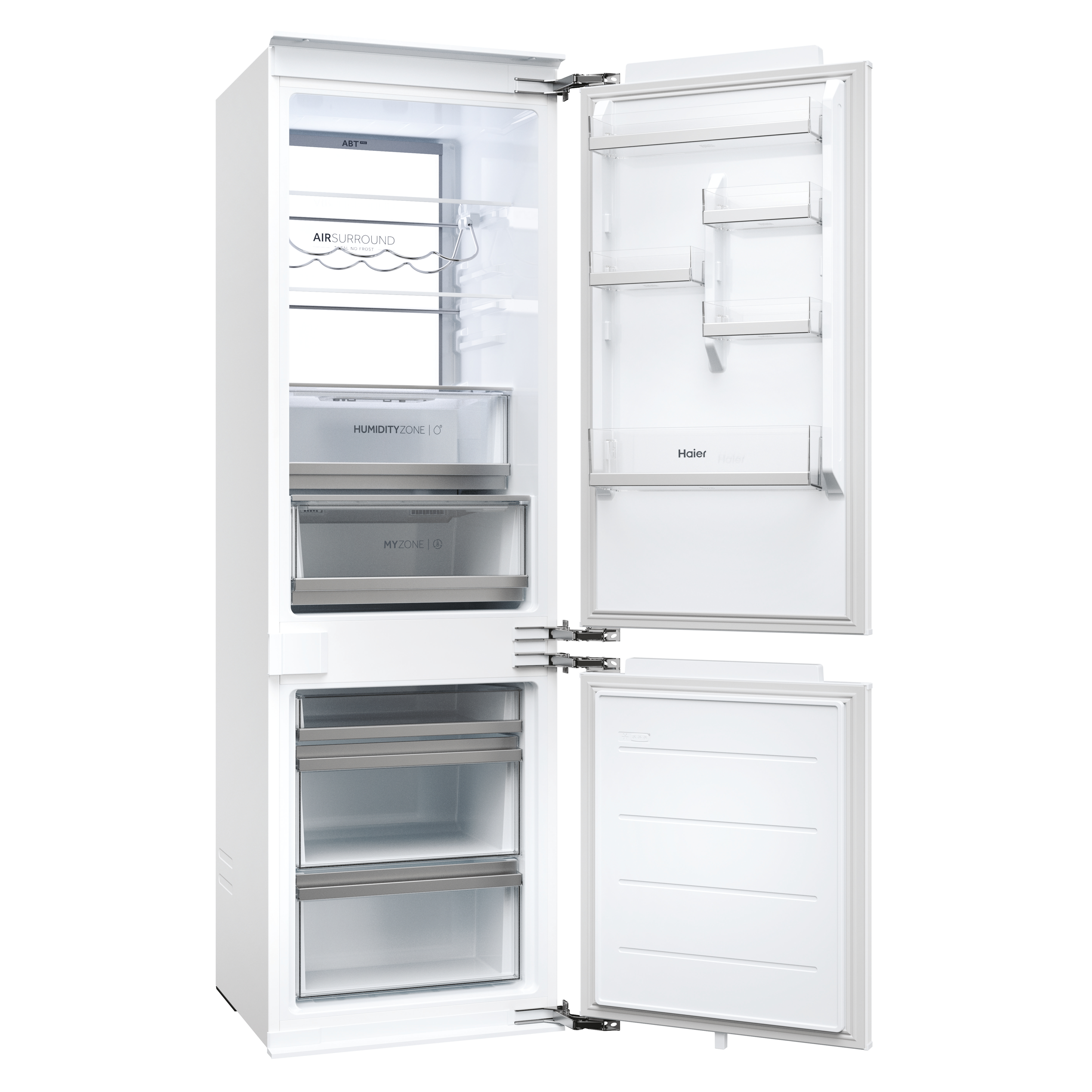 Ein weißer Kühlschrank mit offenen Türen, der Regale, Schubladen und Etiketten wie 'Humidity Zone' und 'My Zone' zeigt.