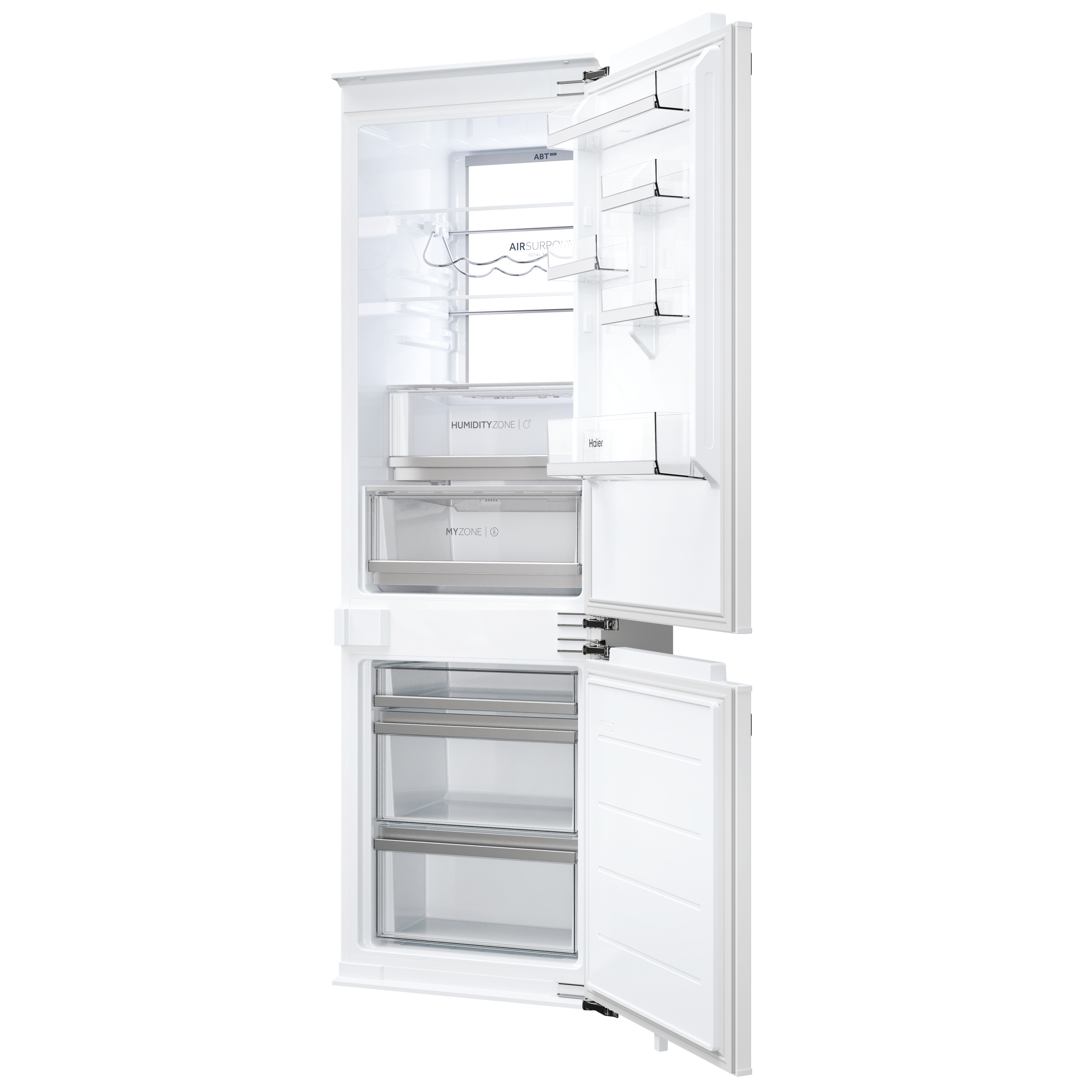 Ein geöffneter Kühlschrank mit Regalen, Schubladen und Etiketten wie 'Air Surround', 'Humidity Zone', 'My Zone'.