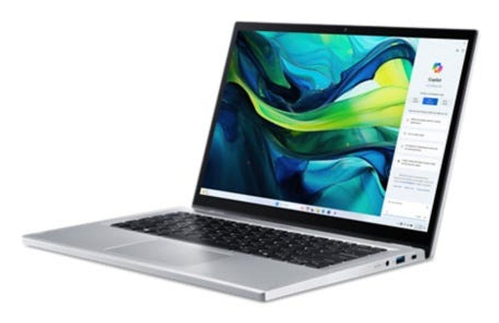 Srebrny laptop z kolorowym wyświetlaczem, prezentujący mieszankę niebieskich, zielonych i żółtych odcieni na białym tle.