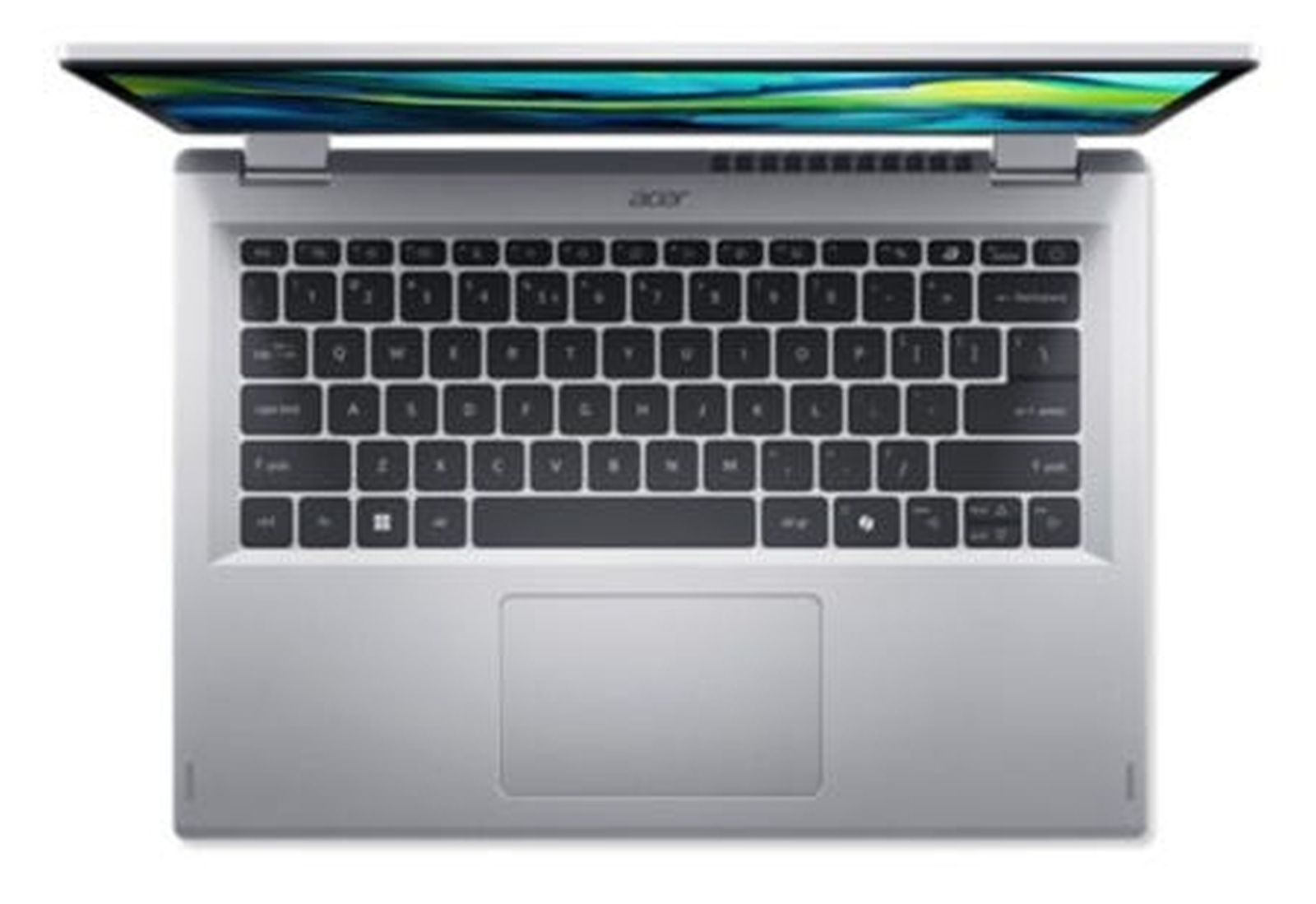 Widok z góry na srebrny laptop Acer z otwartym ekranem, widoczną klawiaturą. Ekran wyświetla kolorowy obraz.