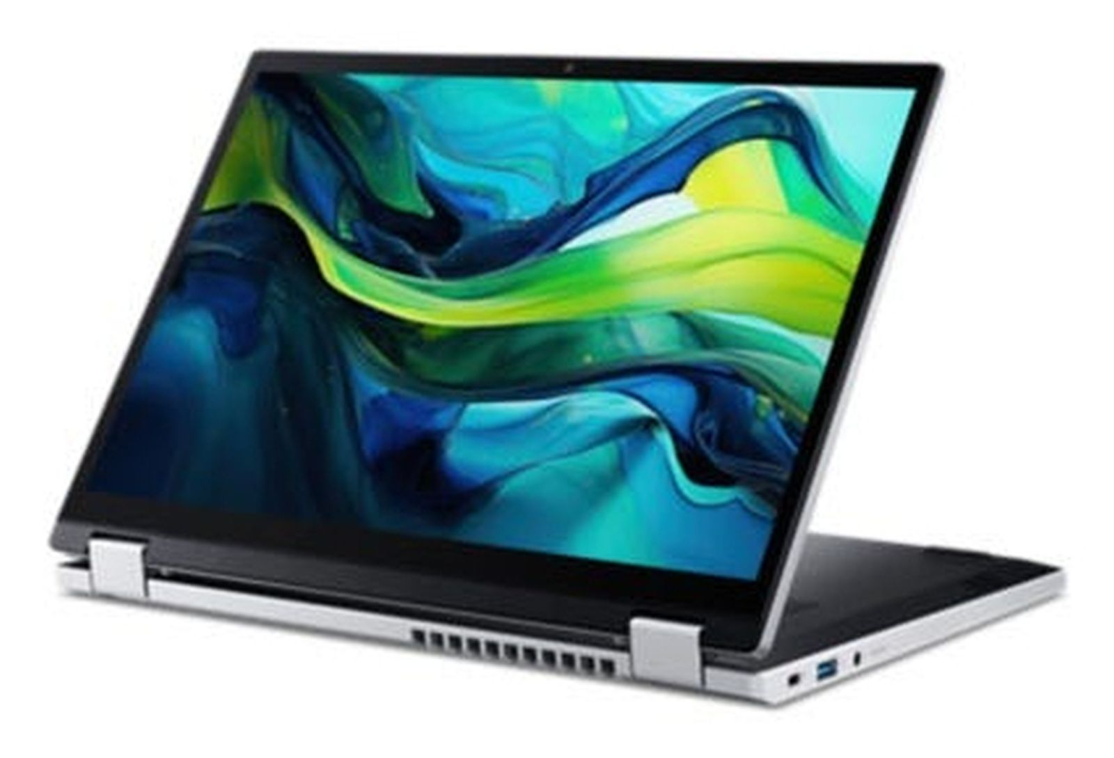 Laptop Acer otwarty pod kątem. Ekran wyświetla abstrakcyjne, kolorowe kształty. Obudowa jest srebrna i czarna.