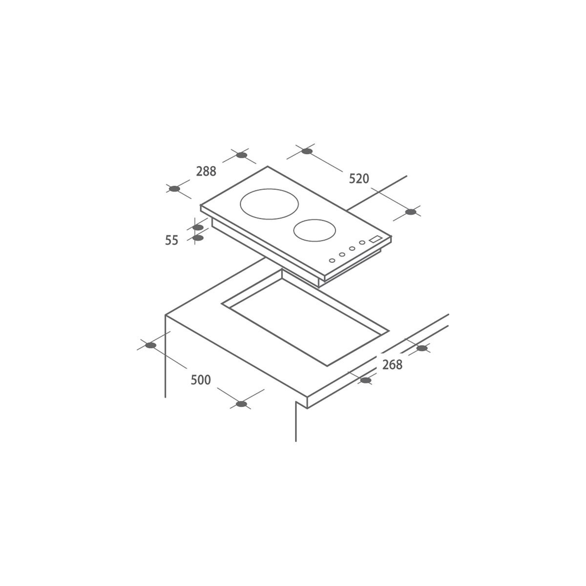 Rysunek liniowy płyty grzejnej z dwoma okrągłymi palnikami, umieszczonej na blacie z wymiarami.