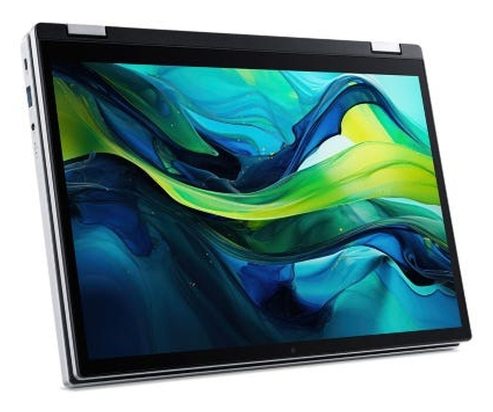 Laptop Acer jest otwarty, a ekran wyświetla abstrakcyjne niebieskie i zielone kształty. Obudowa jest srebrna i czarna.