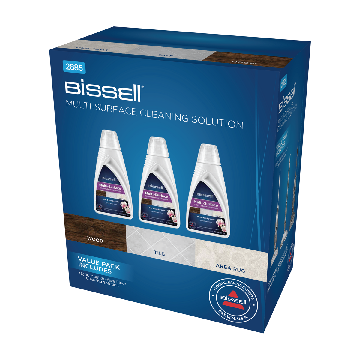 Een doos Bissell Multi-Surface Cleaning Solution. Het heeft 3 flessen en geeft geschikte oppervlakken aan: hout, tegels en vloerkleed.