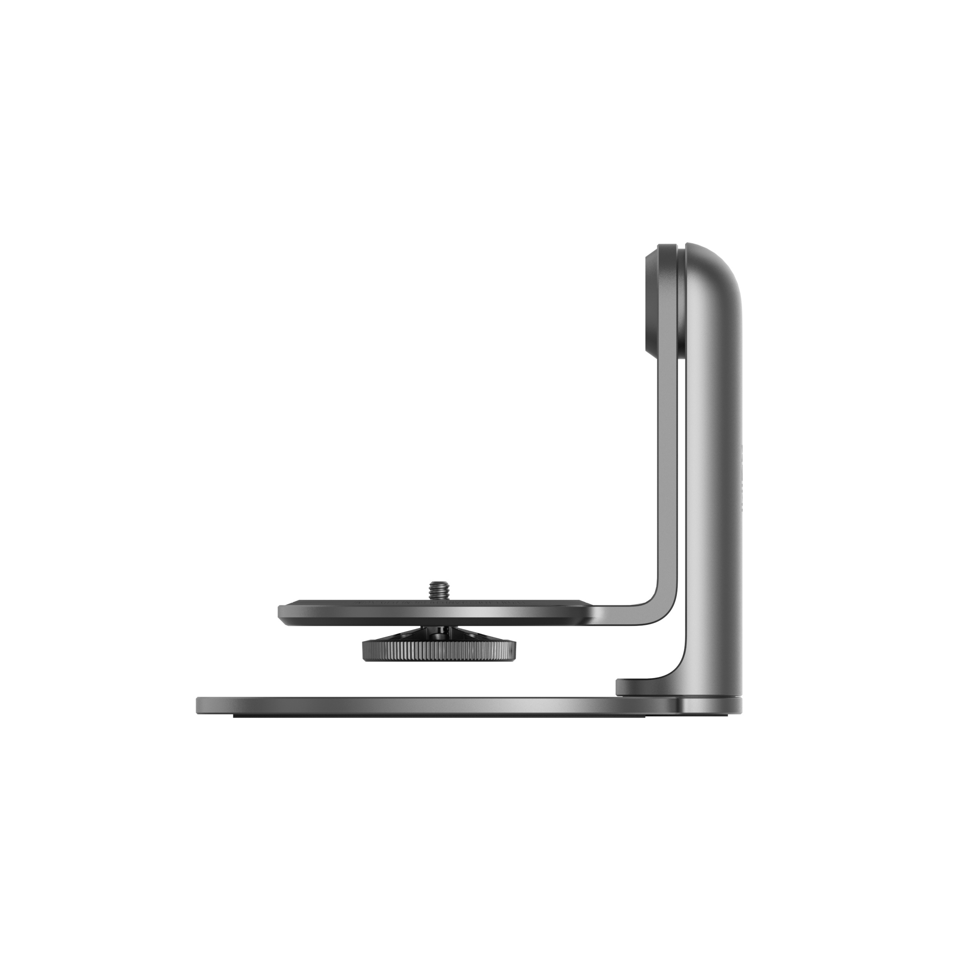 Soporte plateado en forma de L. Tiene una base plana y un brazo vertical con placa de montaje circular.
