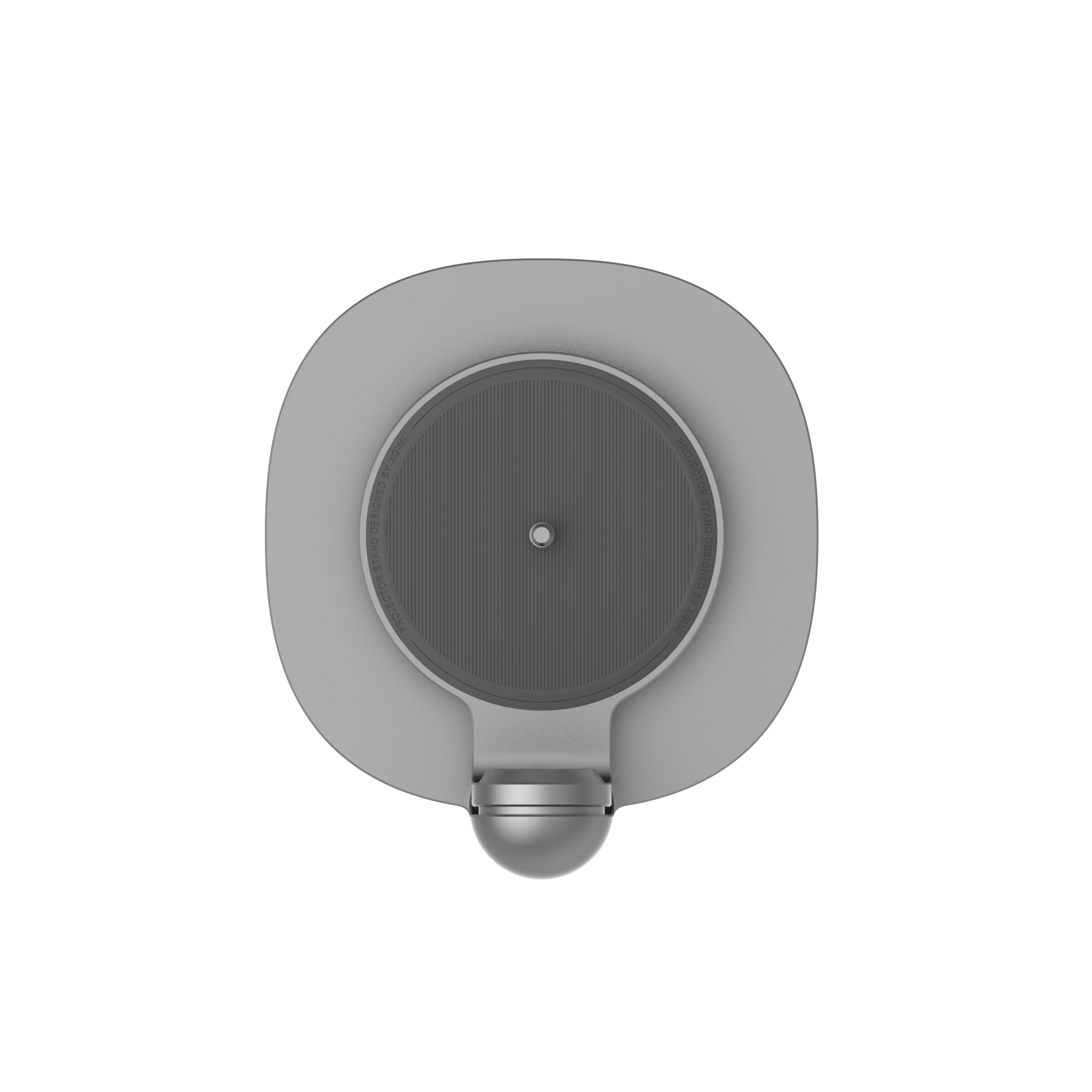 Vista superior de un dispositivo gris con base circular y un elemento esférico más pequeño abajo.